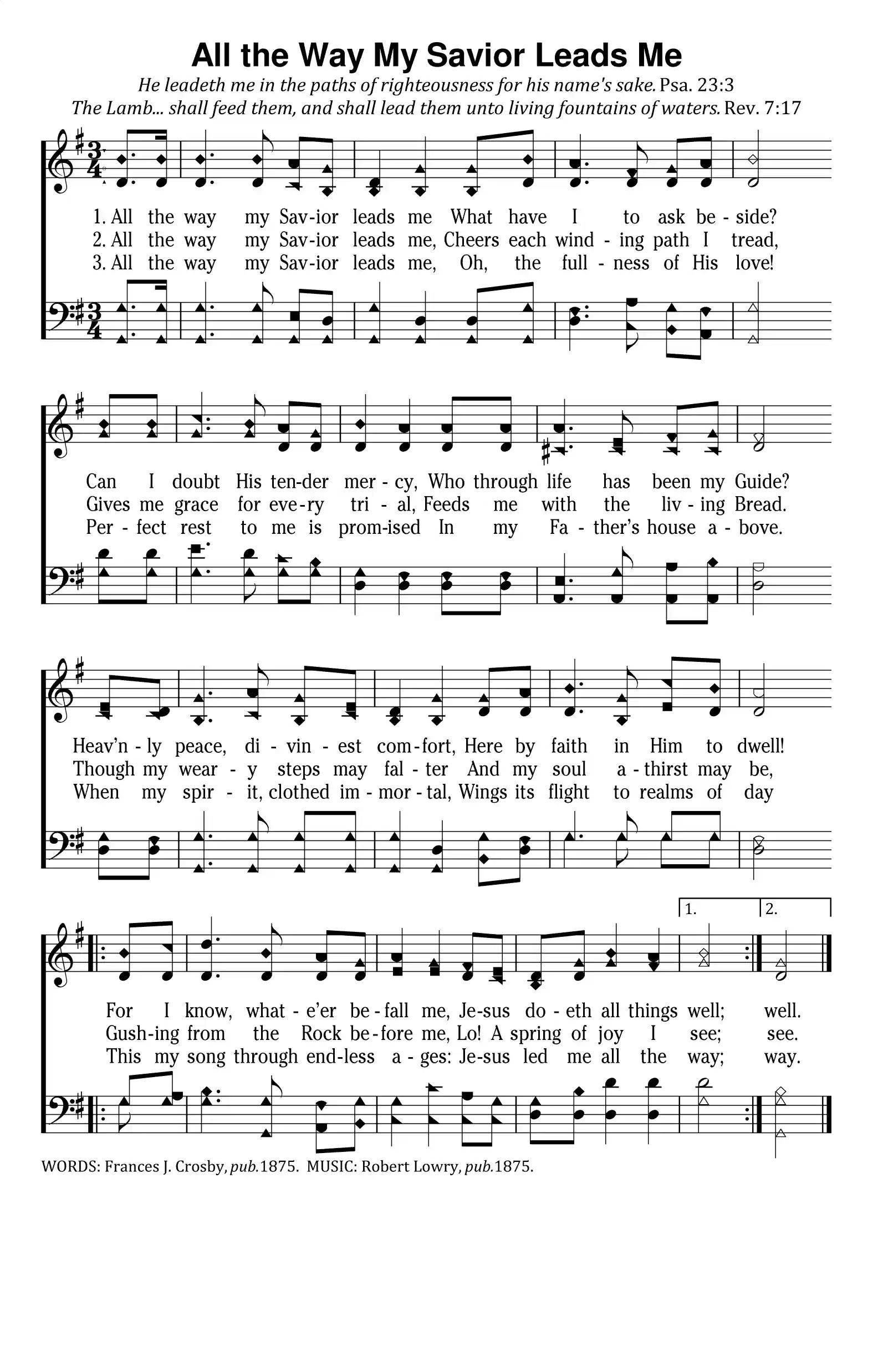 Hymn Sheet for All the Way My Savior Leads Me