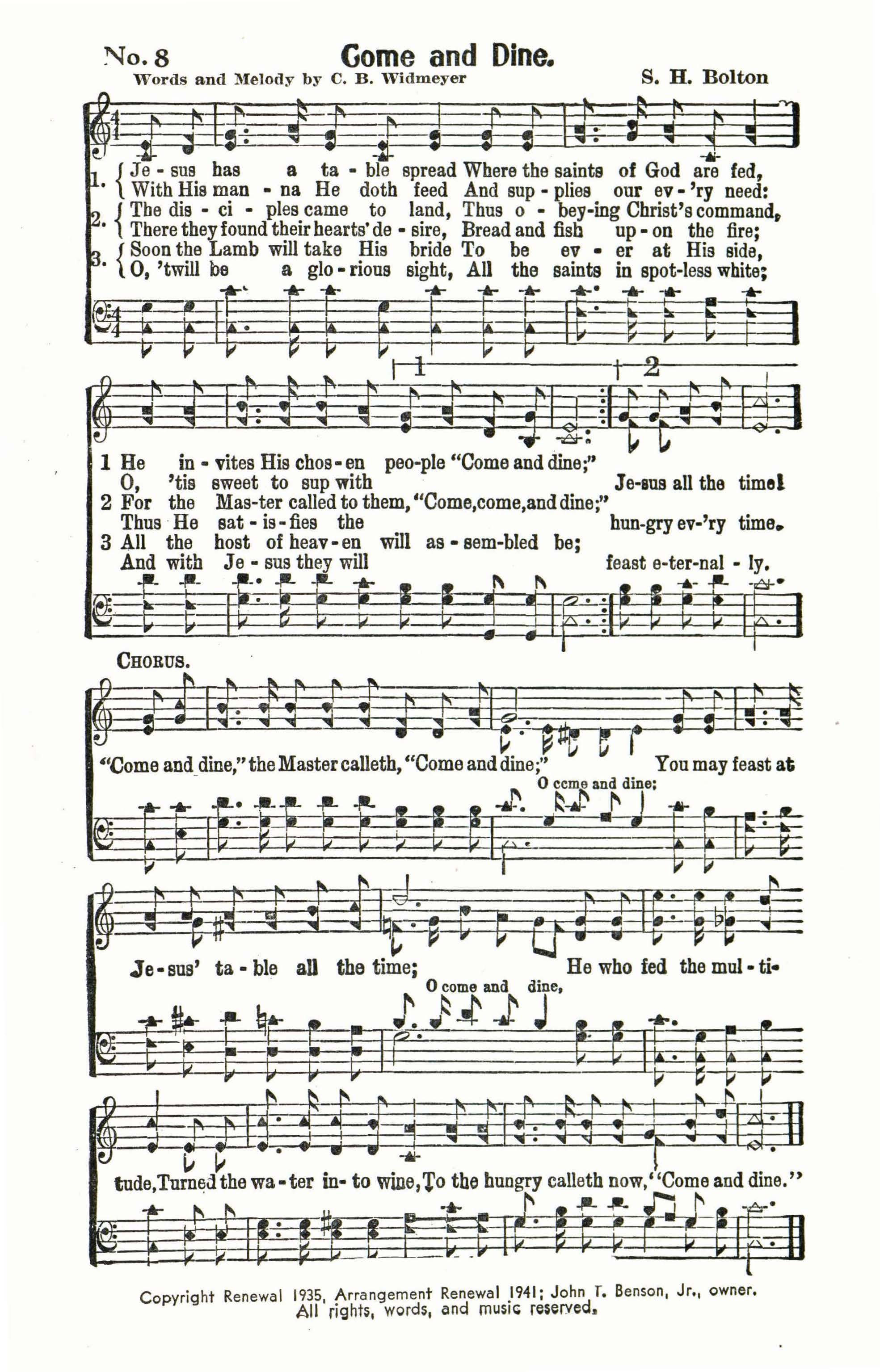 Hymn Sheet for Come and Dine