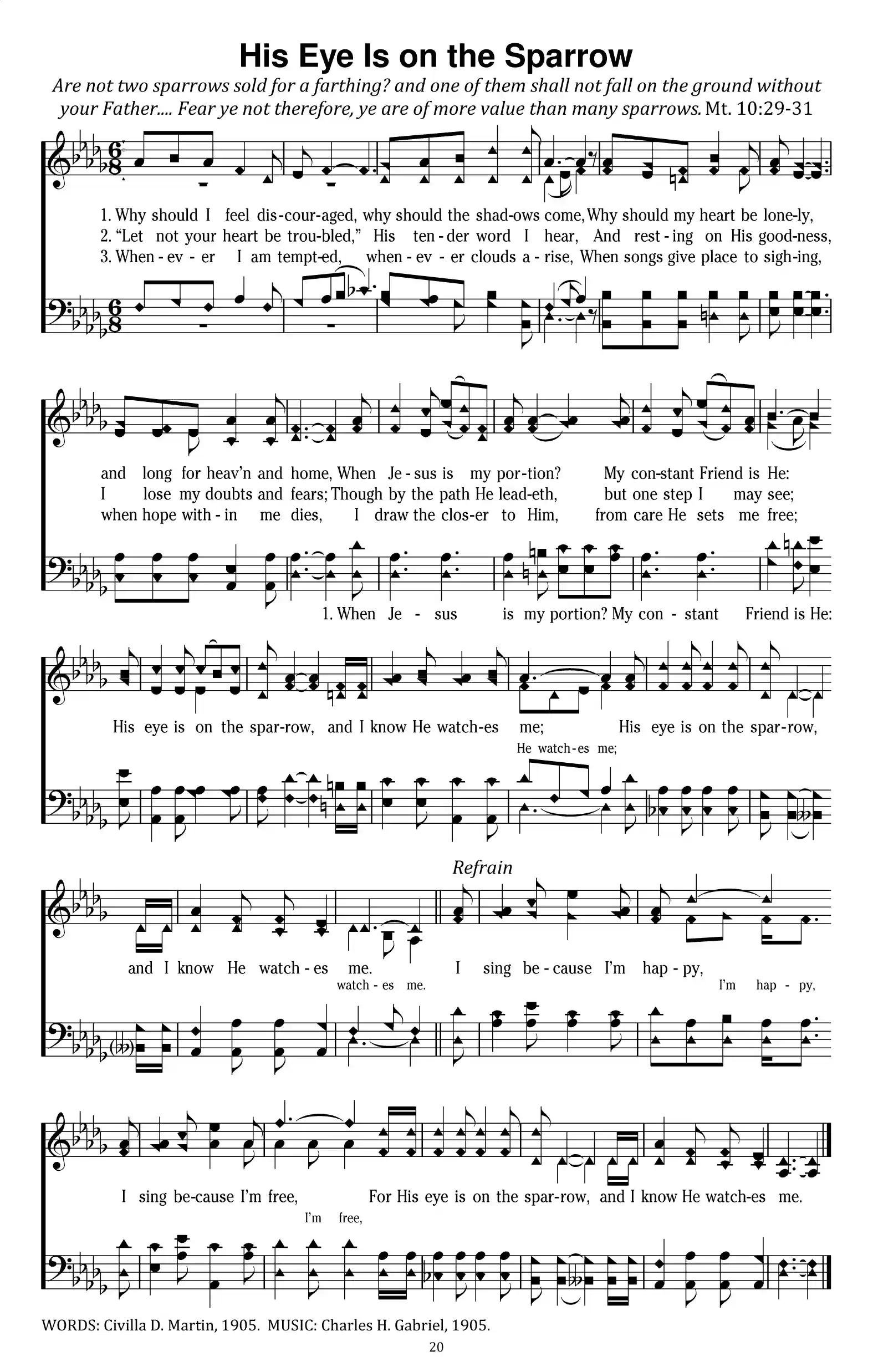 Hymn Sheet for His Eye Is on the Sparrow