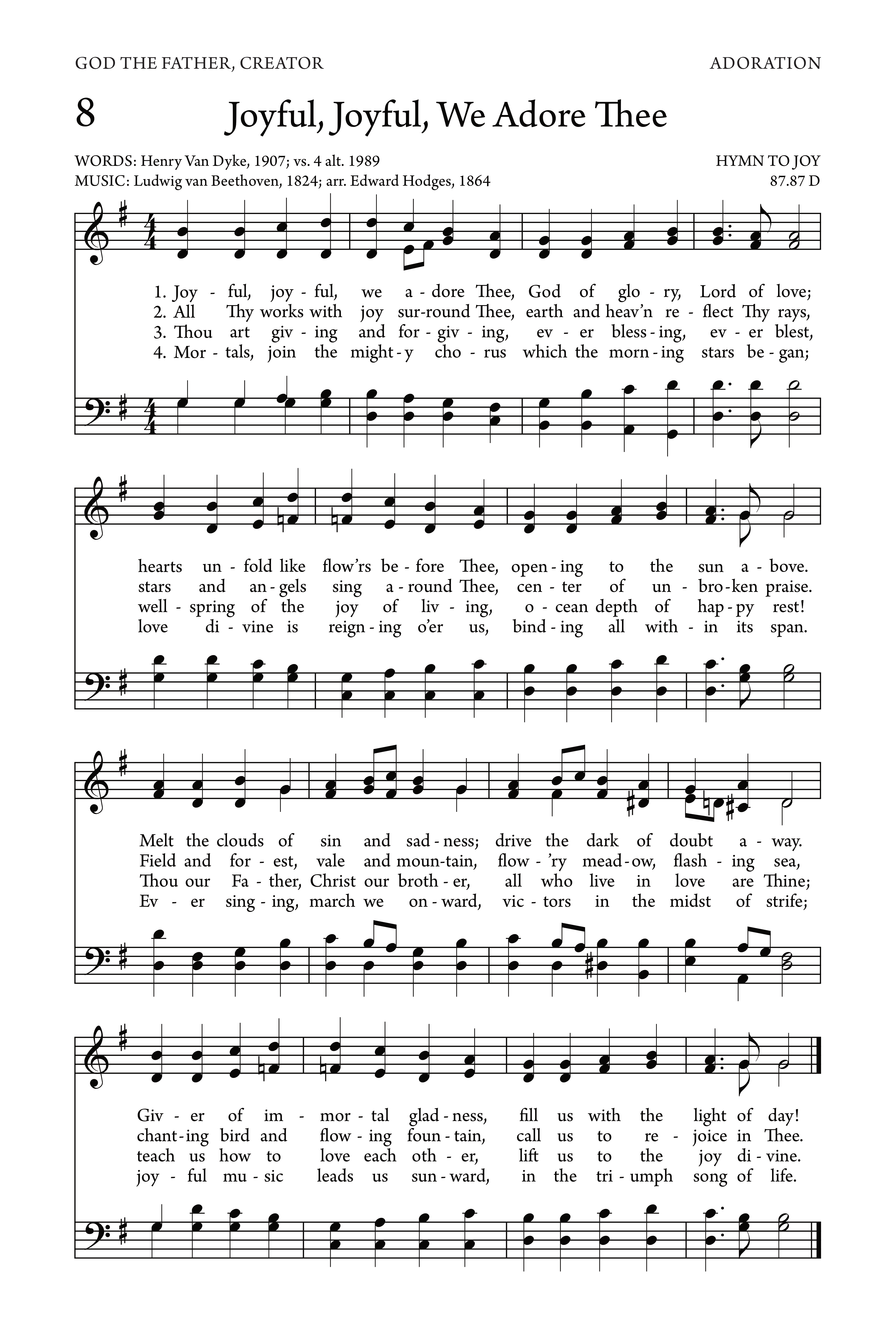 Hymn Sheet for Joyful, Joyful, We Adore Thee