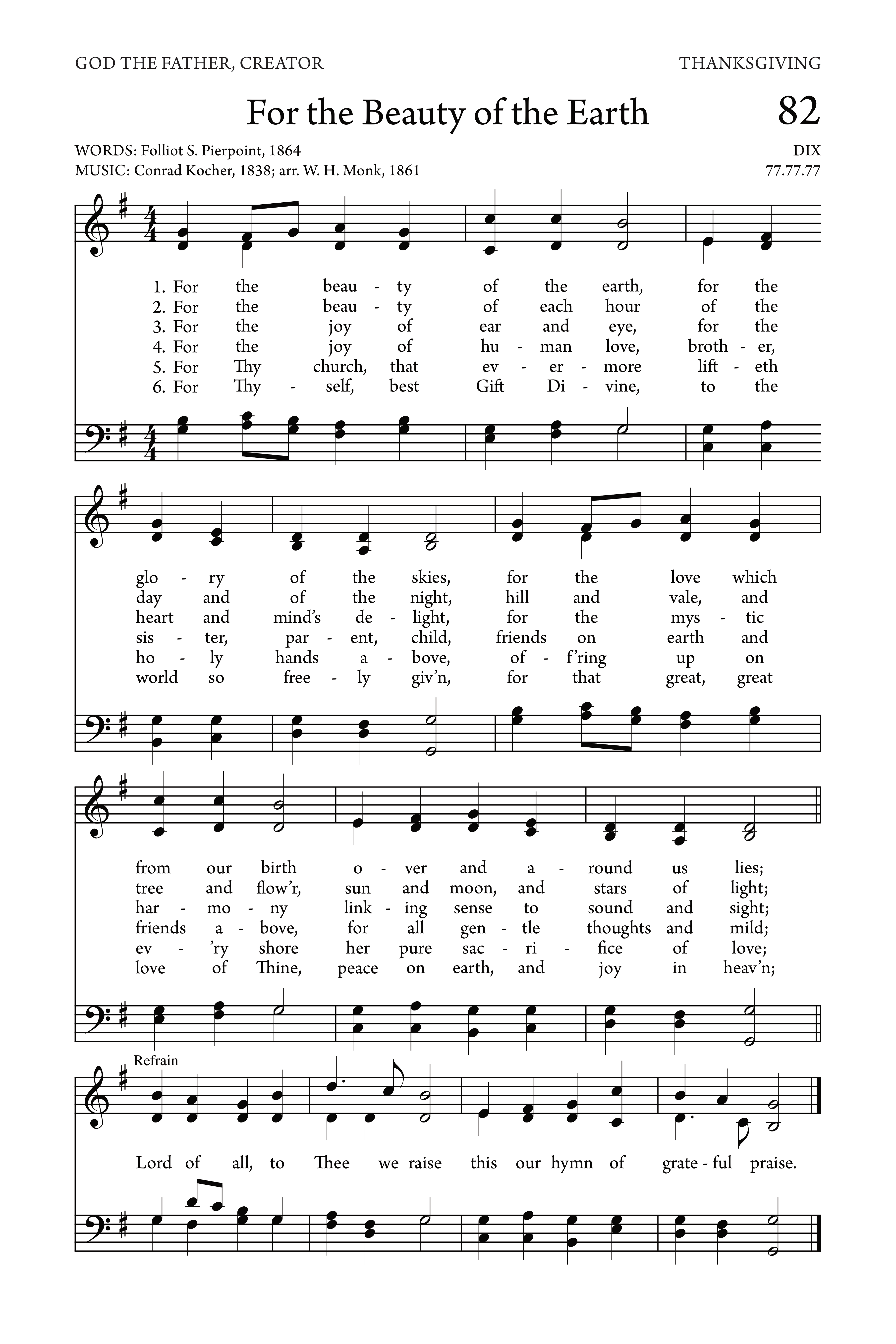 Hymn Sheet for For the Beauty of the Earth