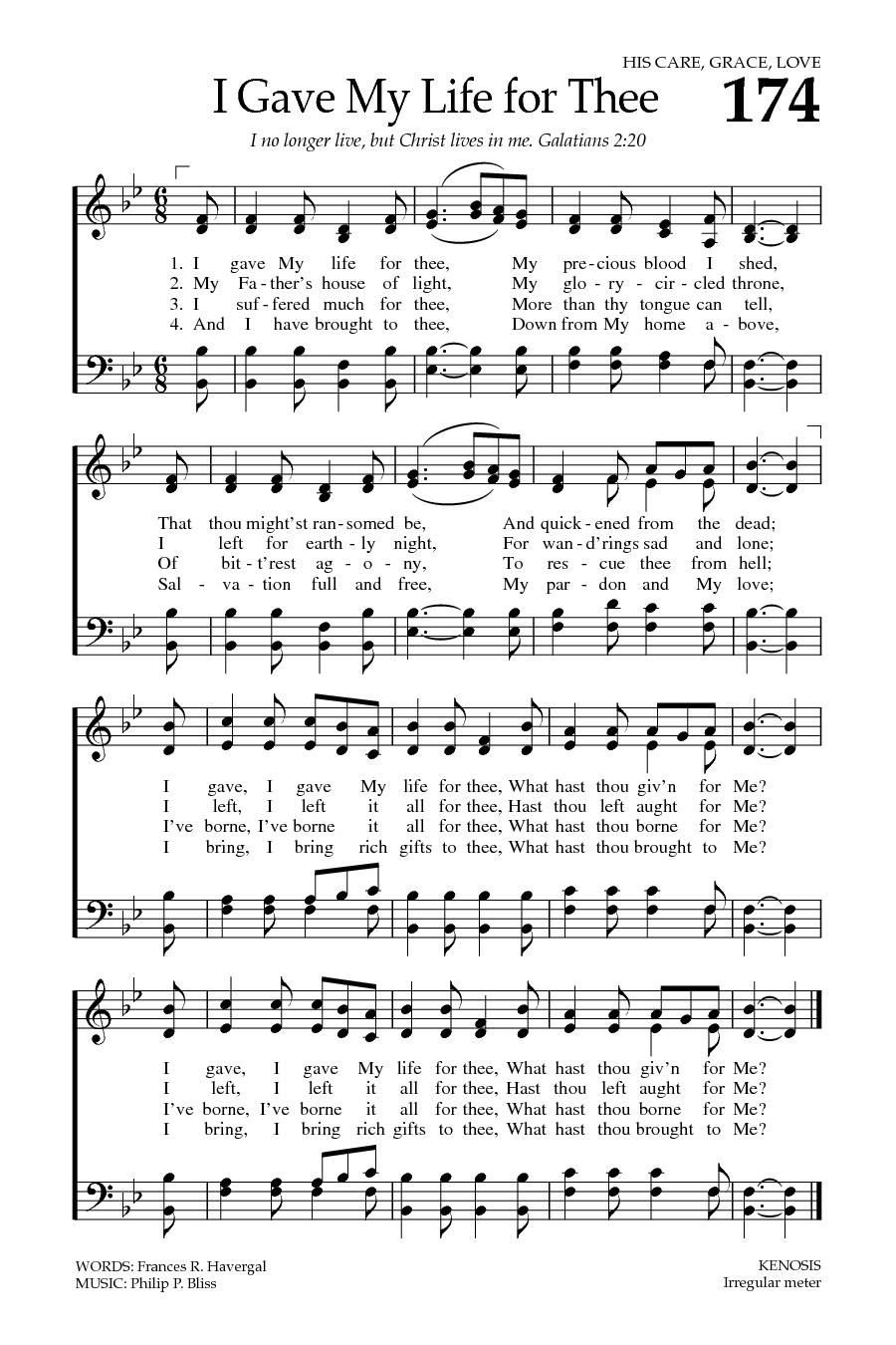 Hymn Sheet for I Gave My Life for Thee
