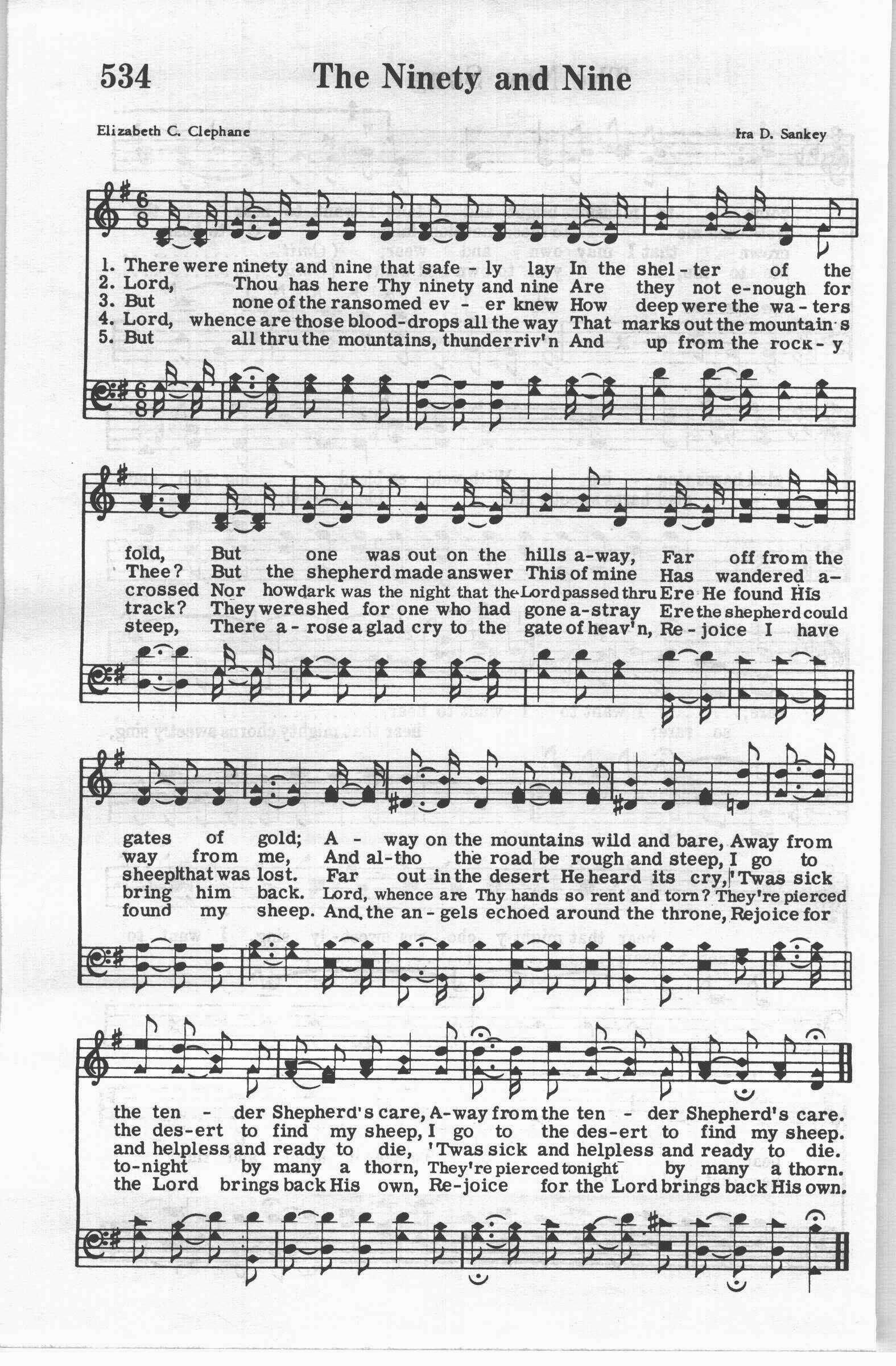 Hymn Sheet for There Were The Ninety and Nine That Safely Lay