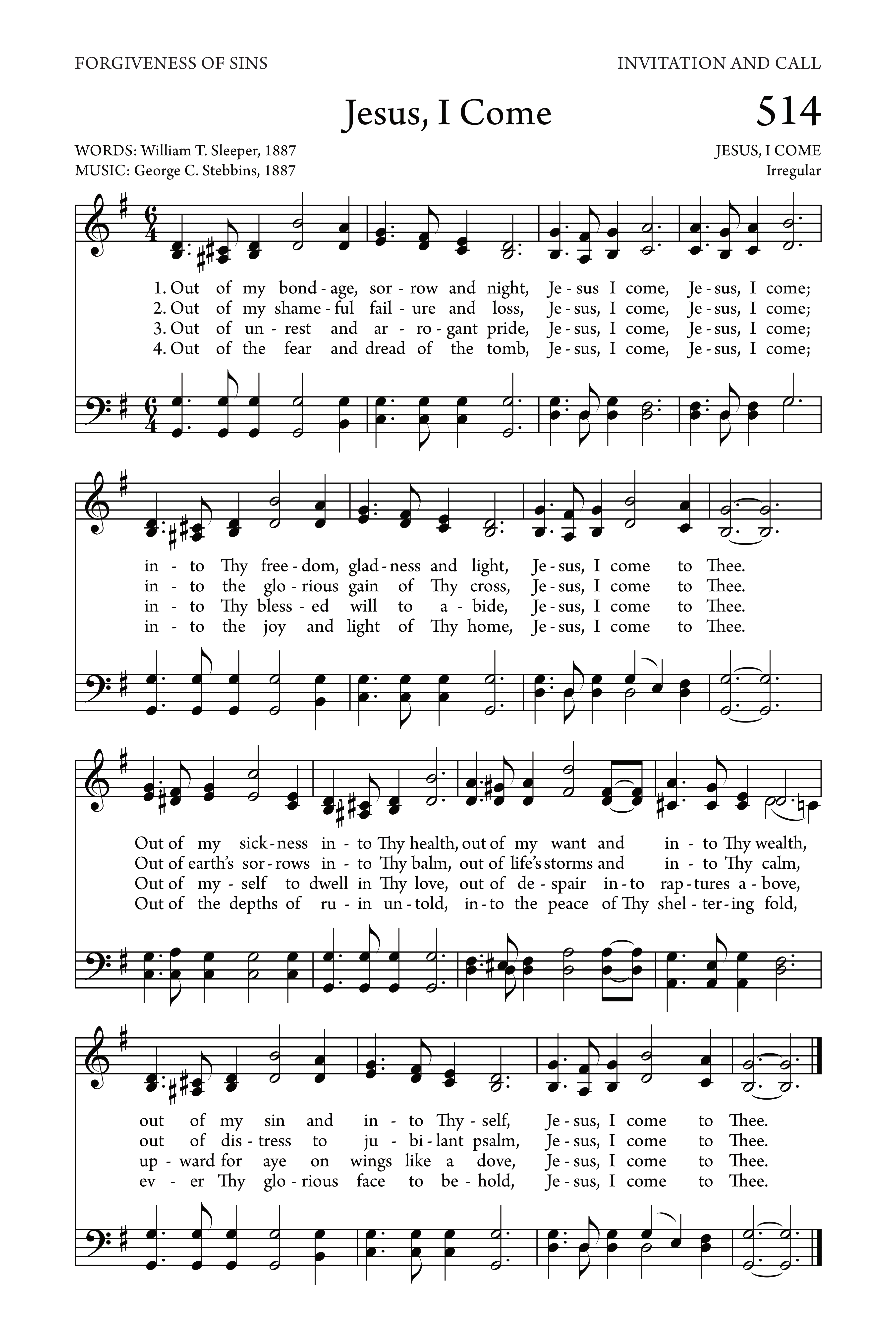 Hymn Sheet for Jesus I come (Out of my Bondage)