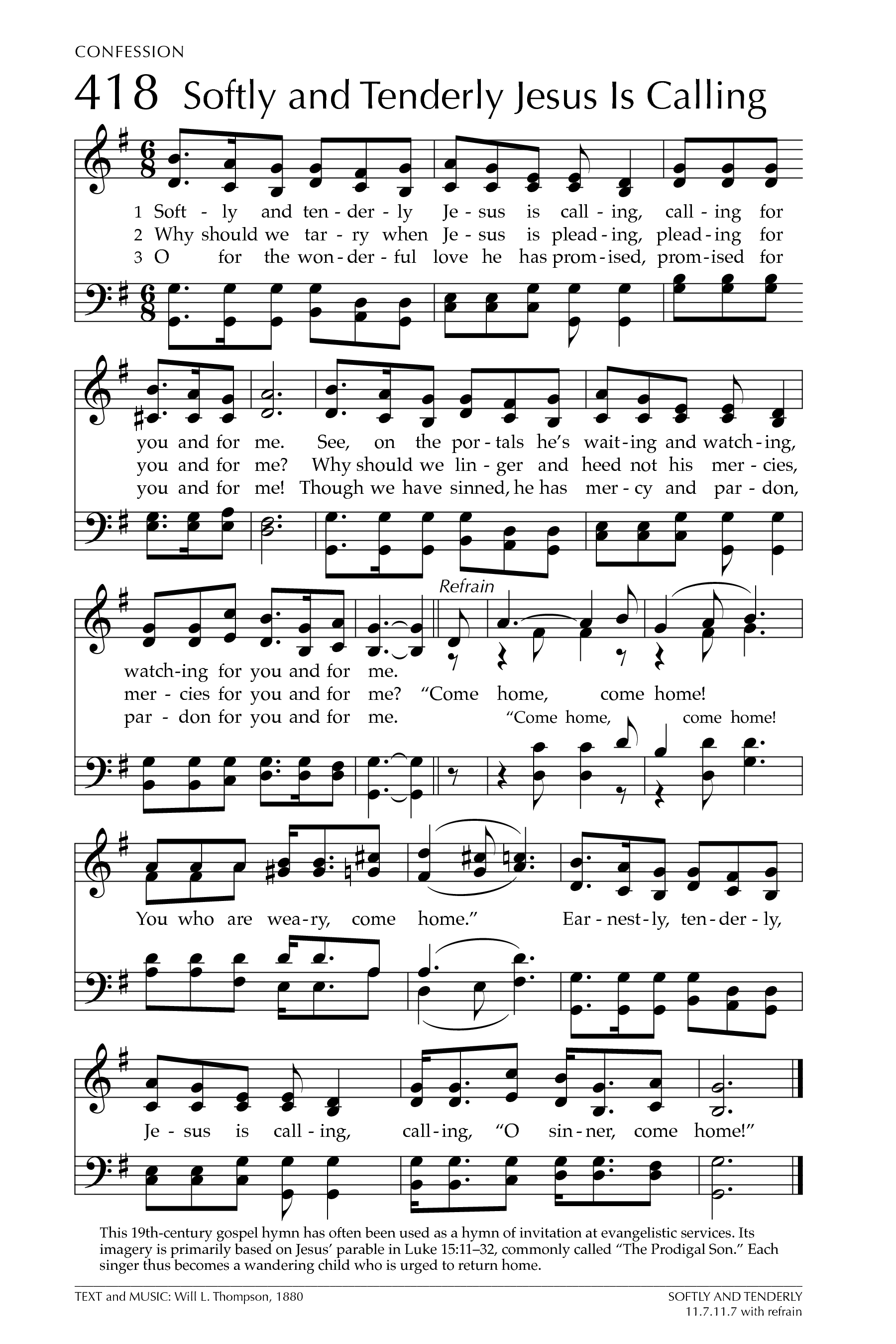 Hymn Sheet for Softly and Tenderly Jesus Is Calling