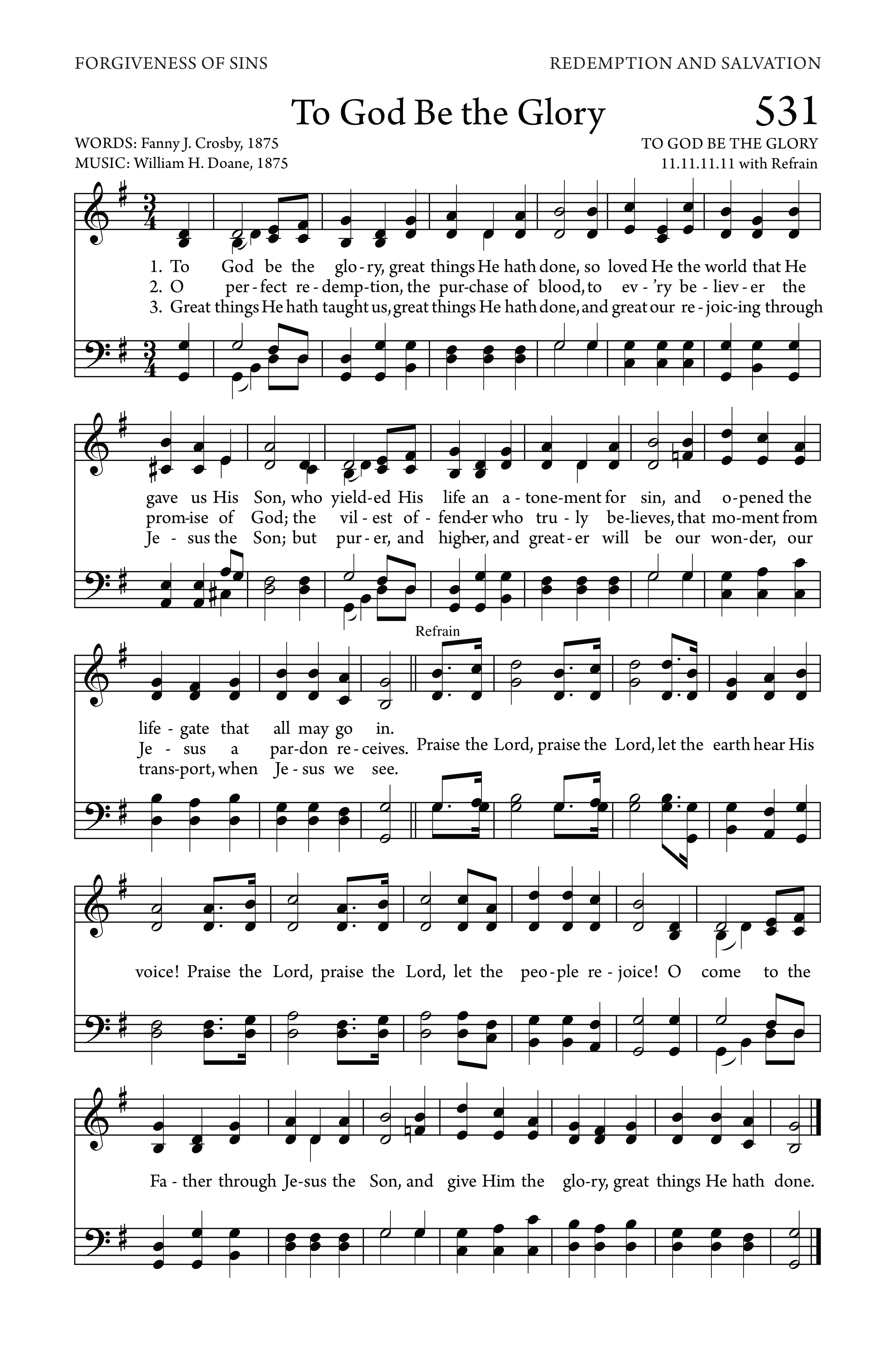 Hymn Sheet for To God Be the Glory