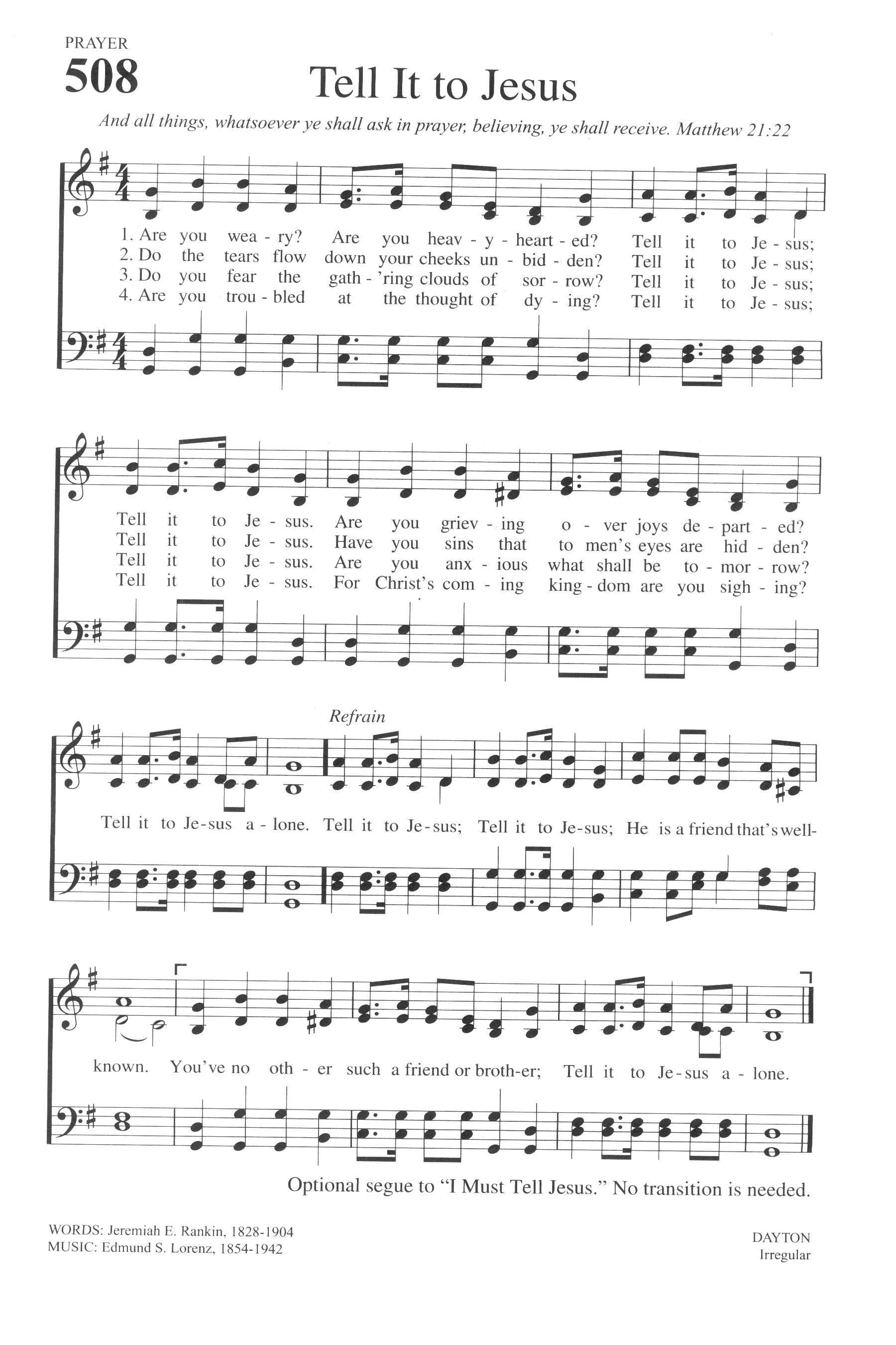 Hymn Sheet for Tell It to Jesus