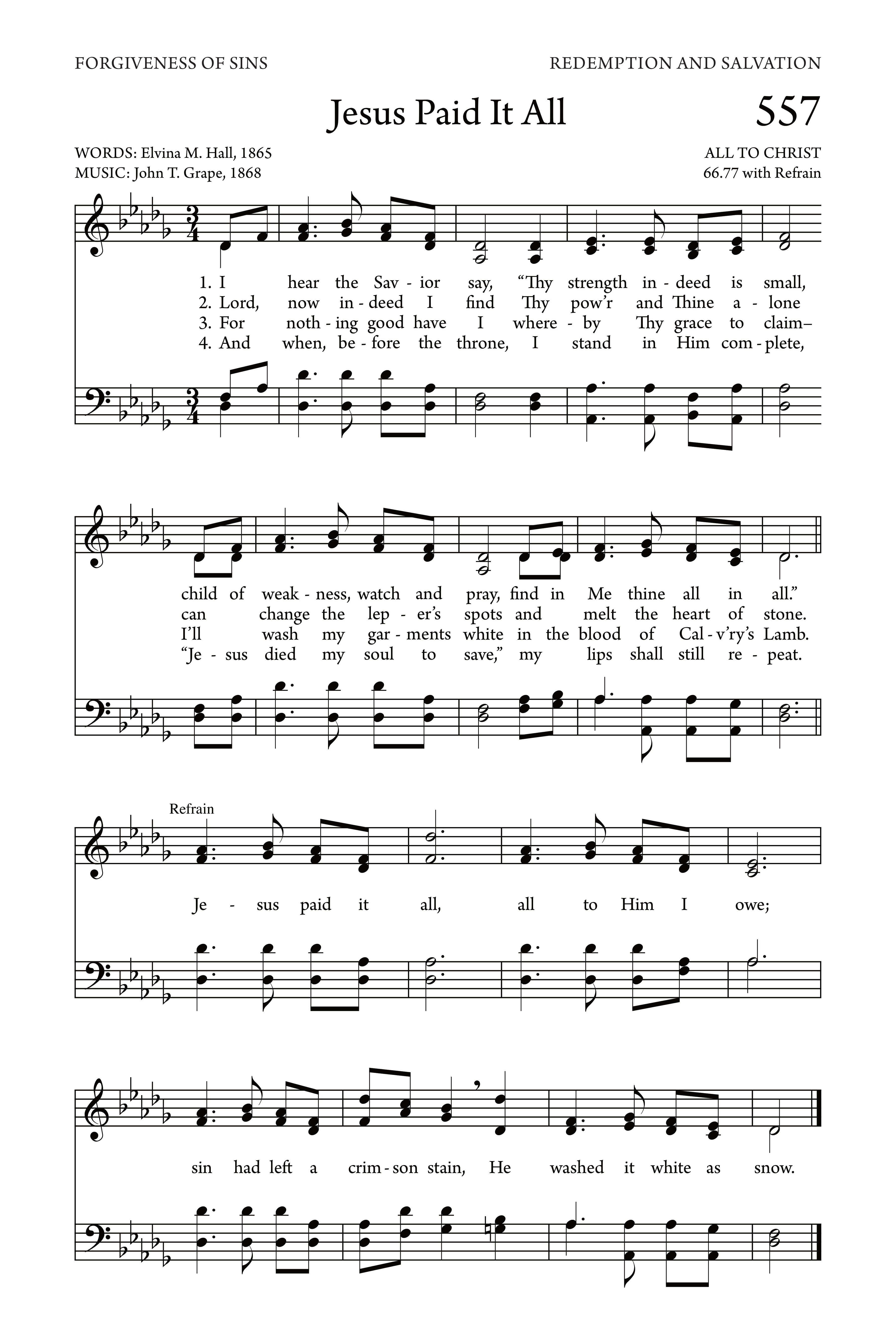 Hymn Sheet for Jesus Paid It All