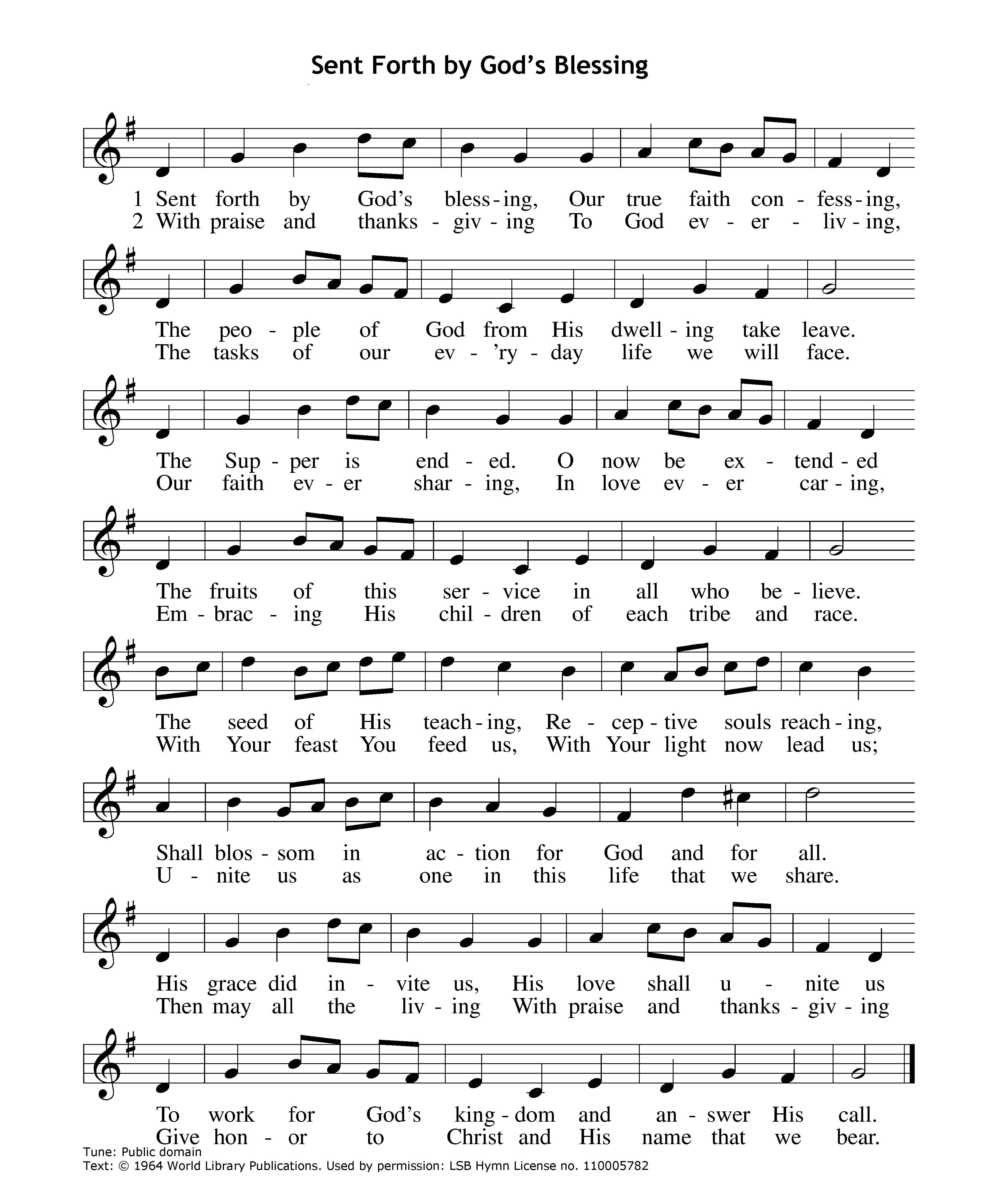 Hymn Sheet for Sent Forth by God's Blessing