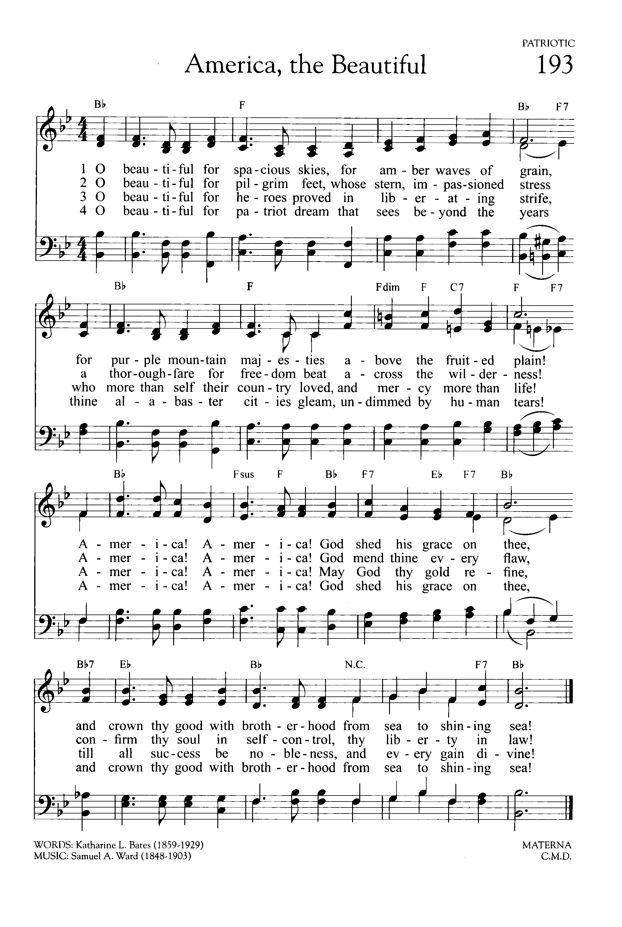 Hymn Sheet for Beautiful For Spacious Skies