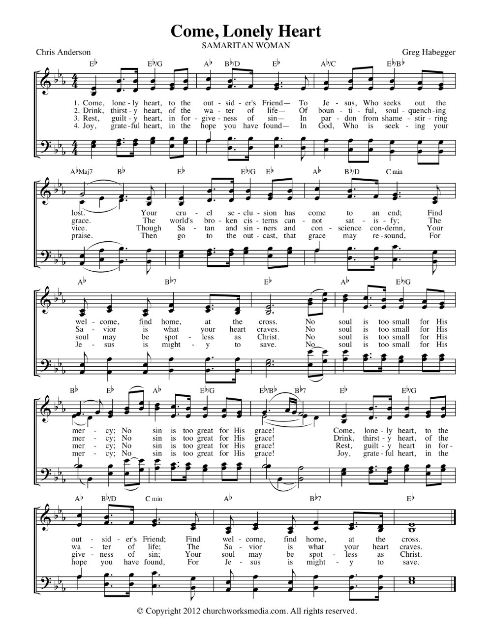 Hymn Sheet for Come, Lonely Heart