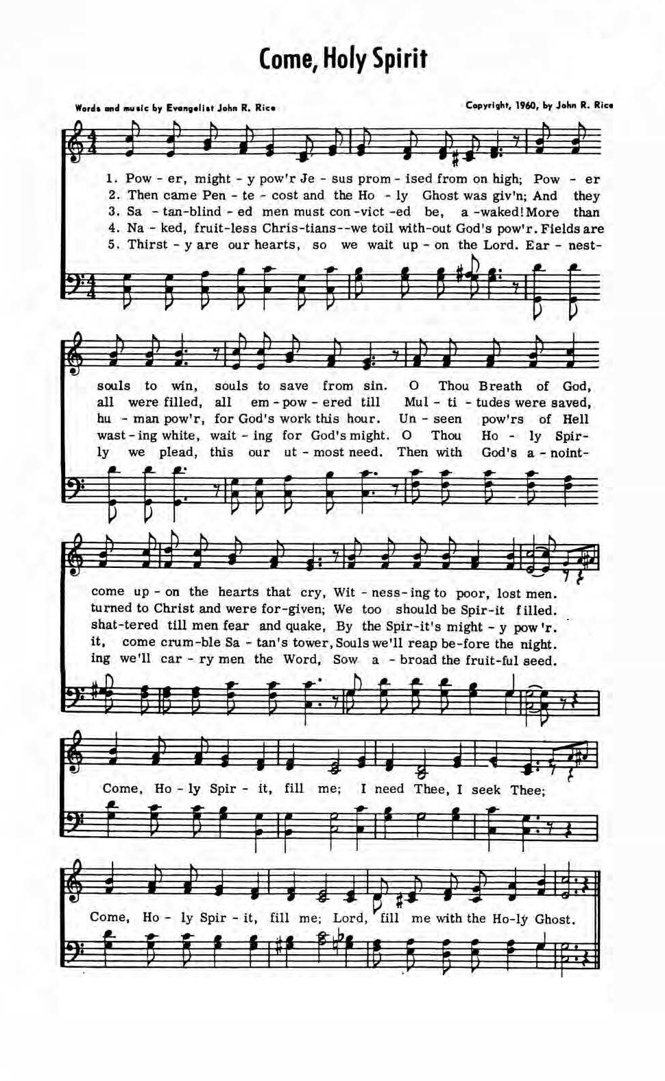 Hymn Sheet for Come, Holy Spirit