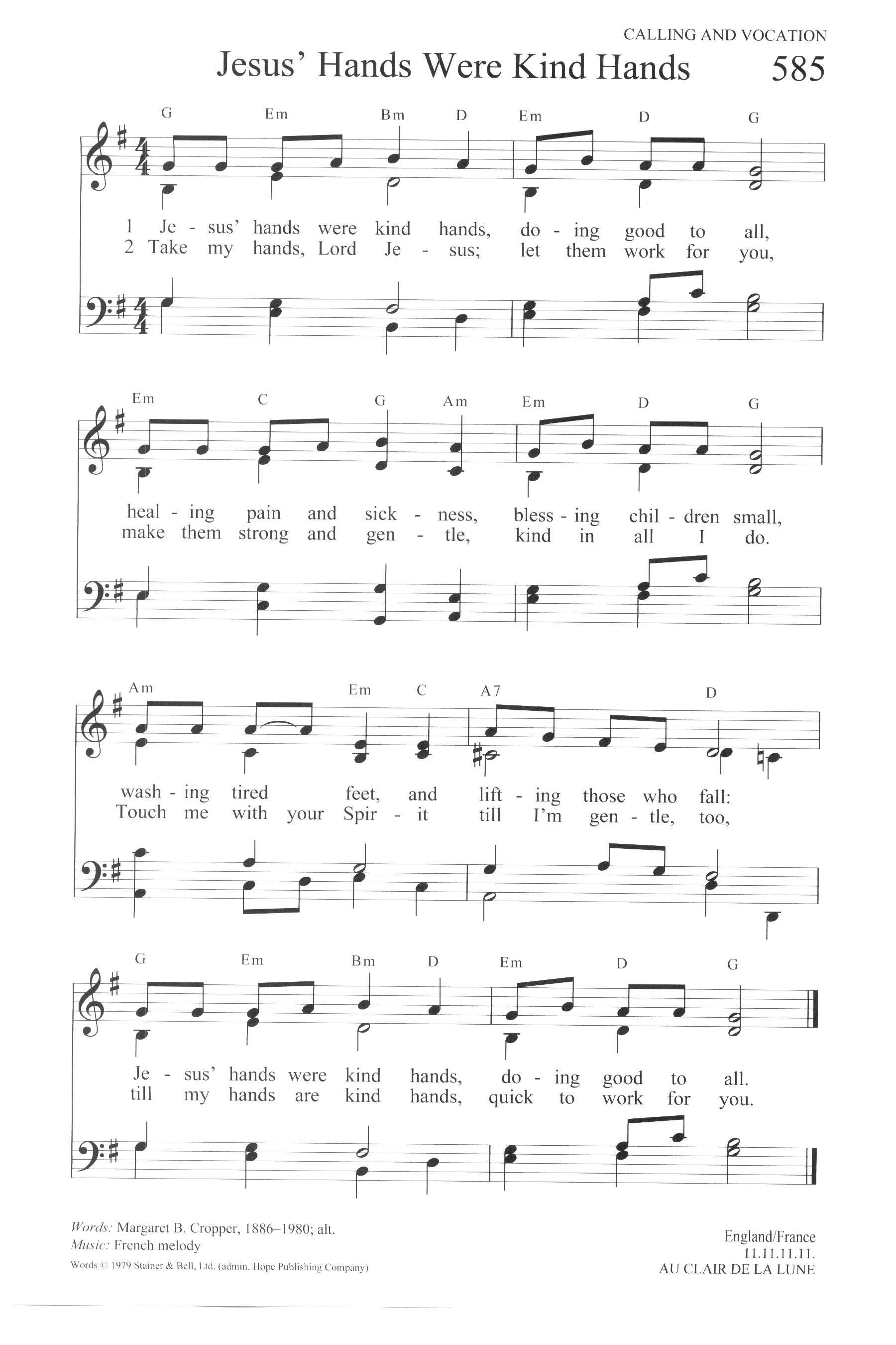 Hymn Sheet for Jesus' Hands Were Kind Hands