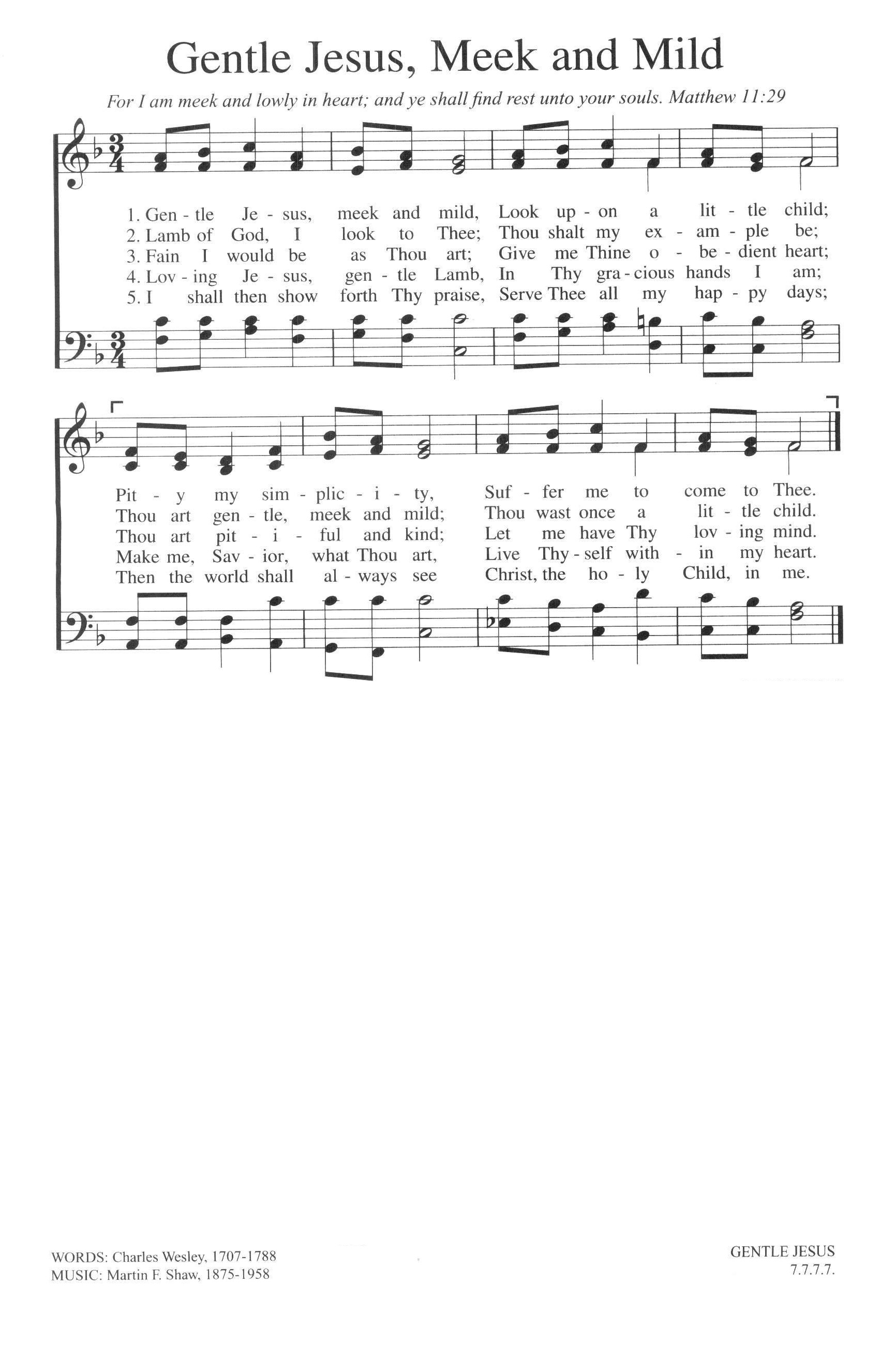 Hymn Sheet for Gentle Jesus, Meek and Mild