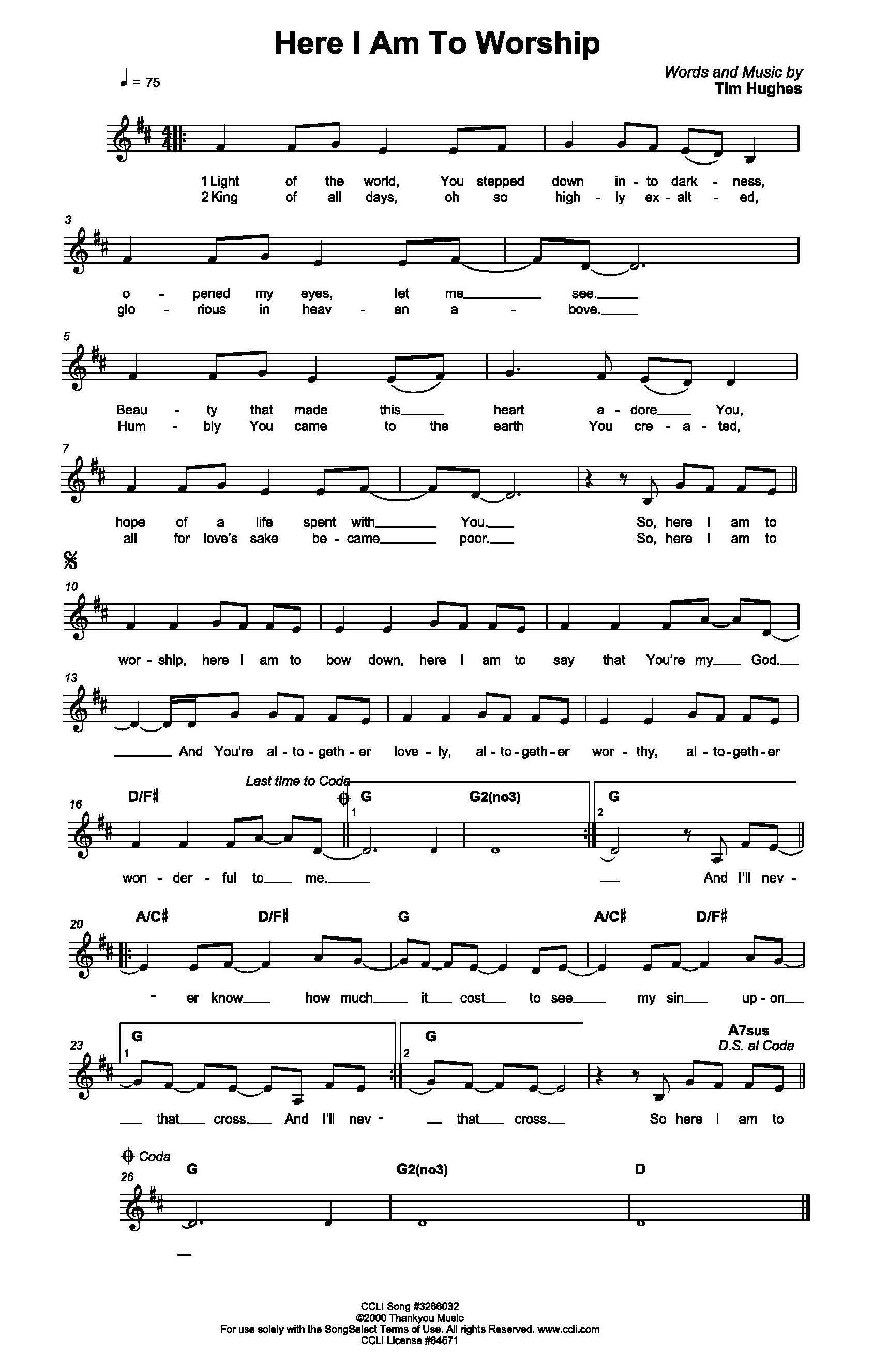 Hymn Sheet for Here I Am to Worship