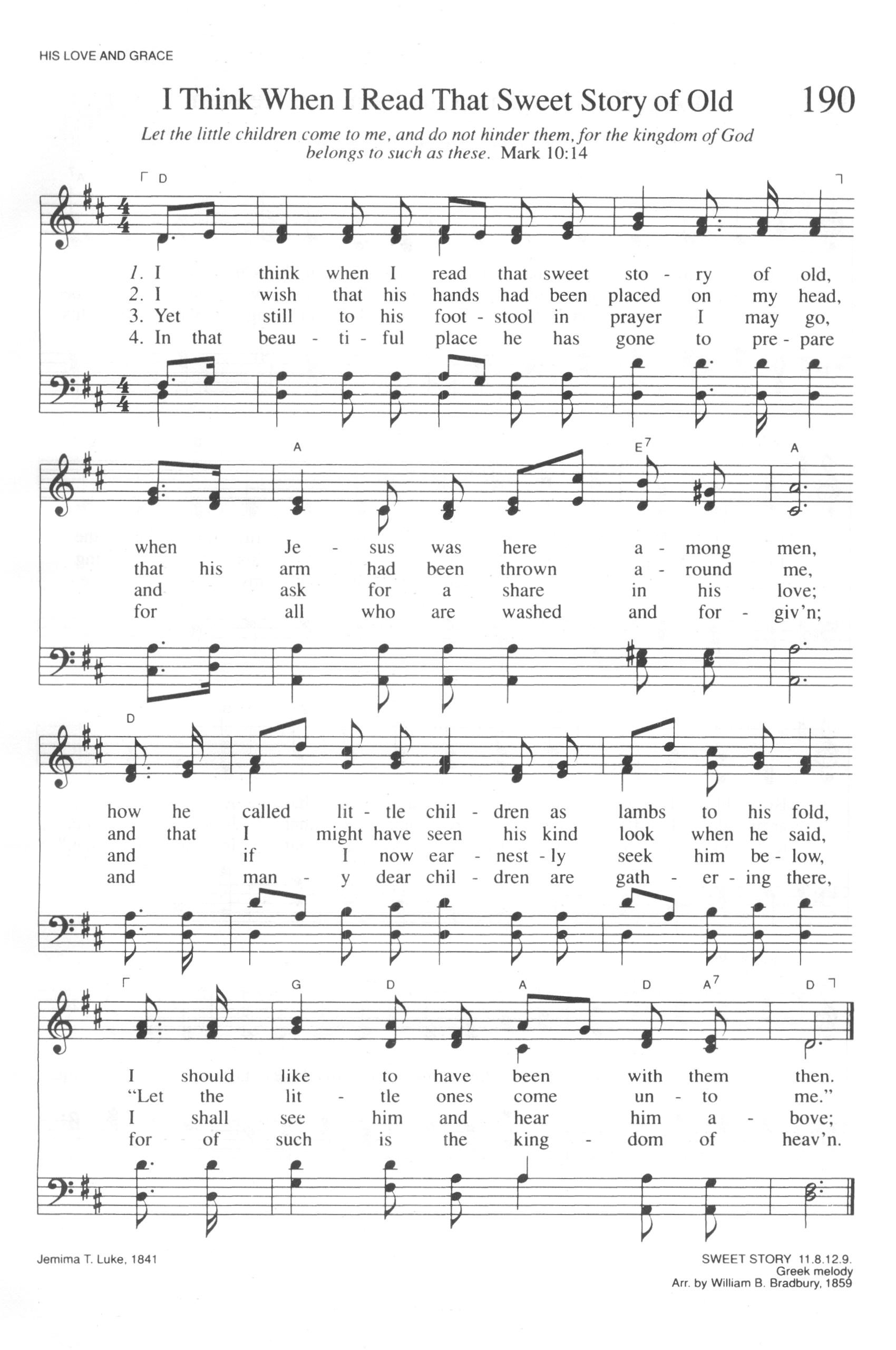 Hymn Sheet for I Think, When I Read that Sweet Story of Old