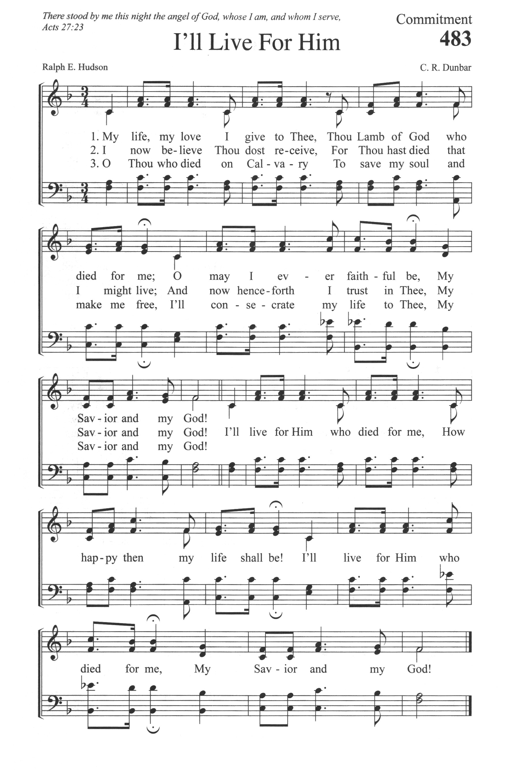 Hymn Sheet for I'll Live for Him