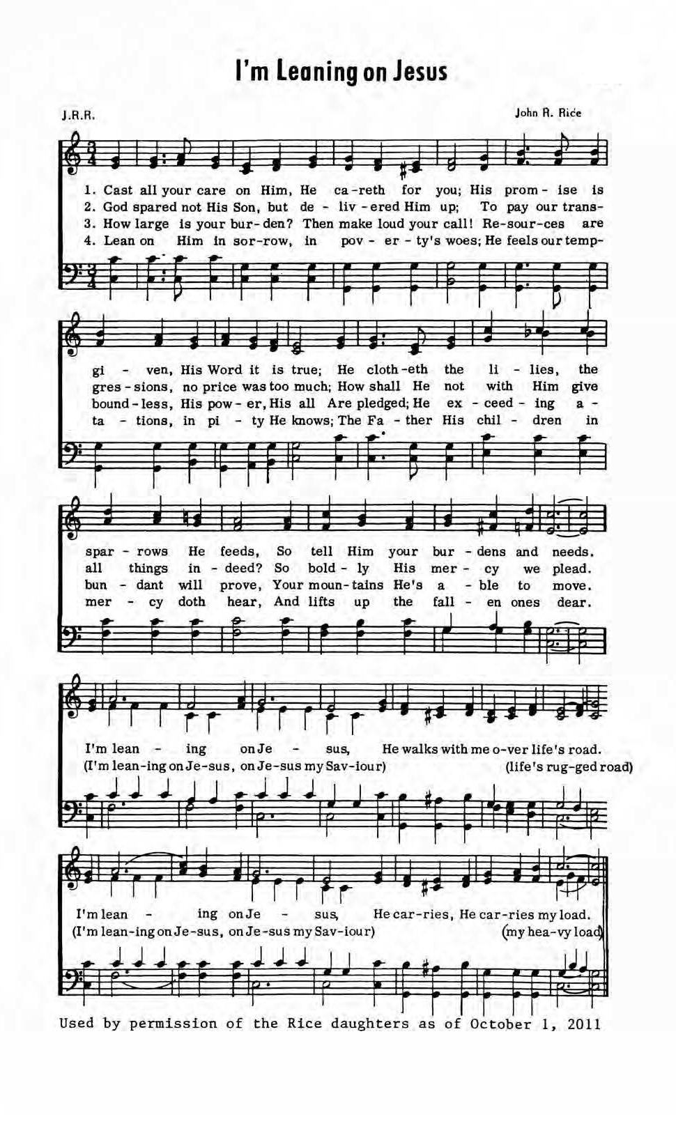 Hymn Sheet for I'm Leaning on Jesus