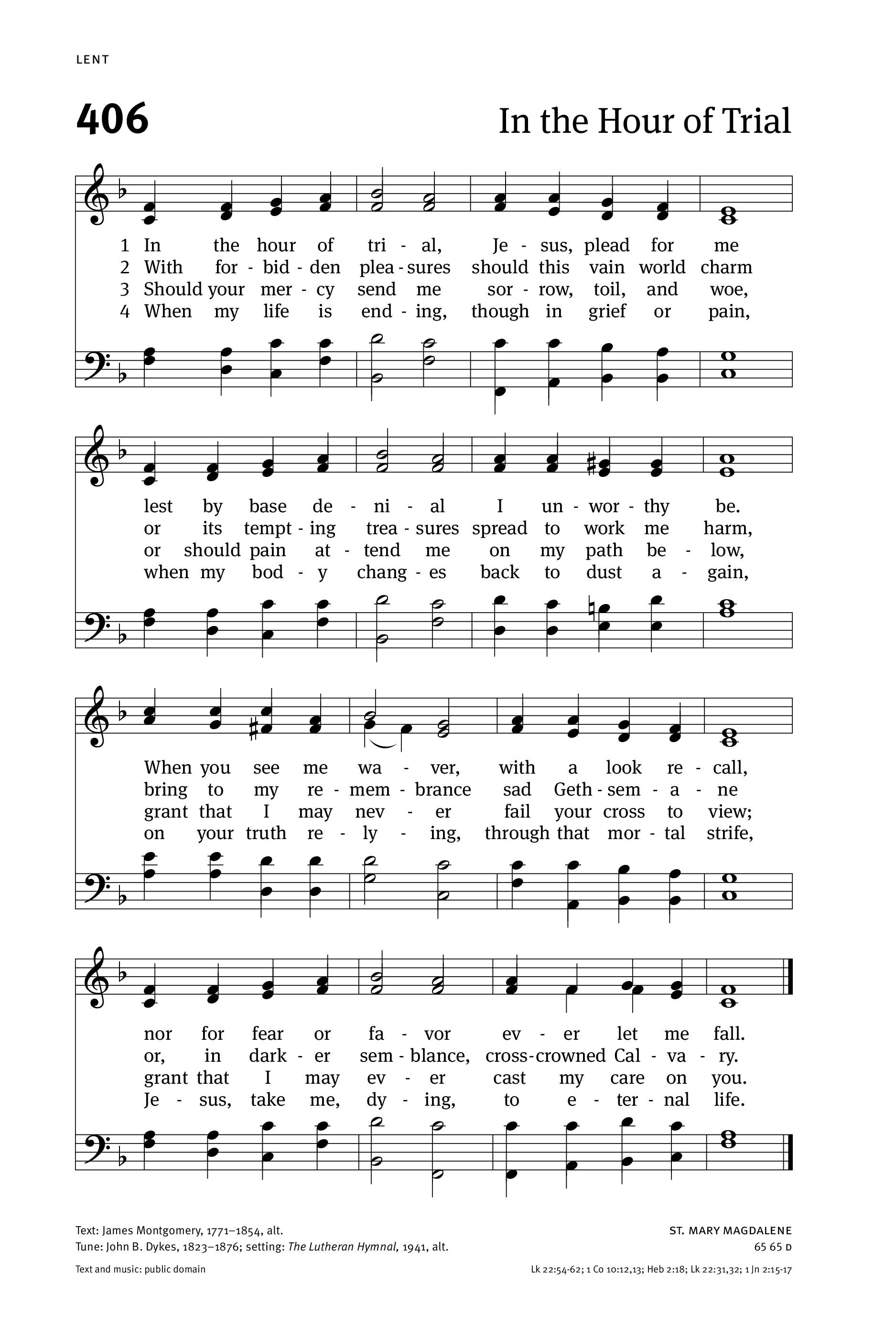 Hymn Sheet for In the Hour of Trial