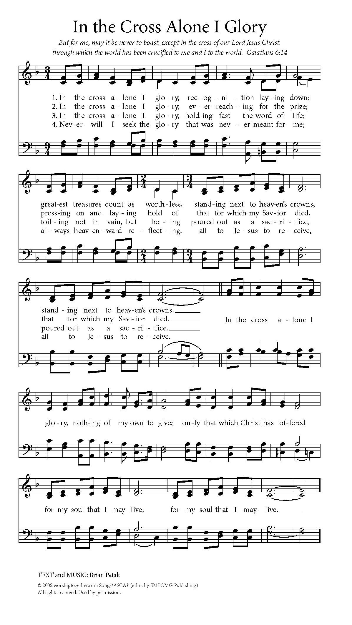 Hymn Sheet for In the Cross Alone I Glory