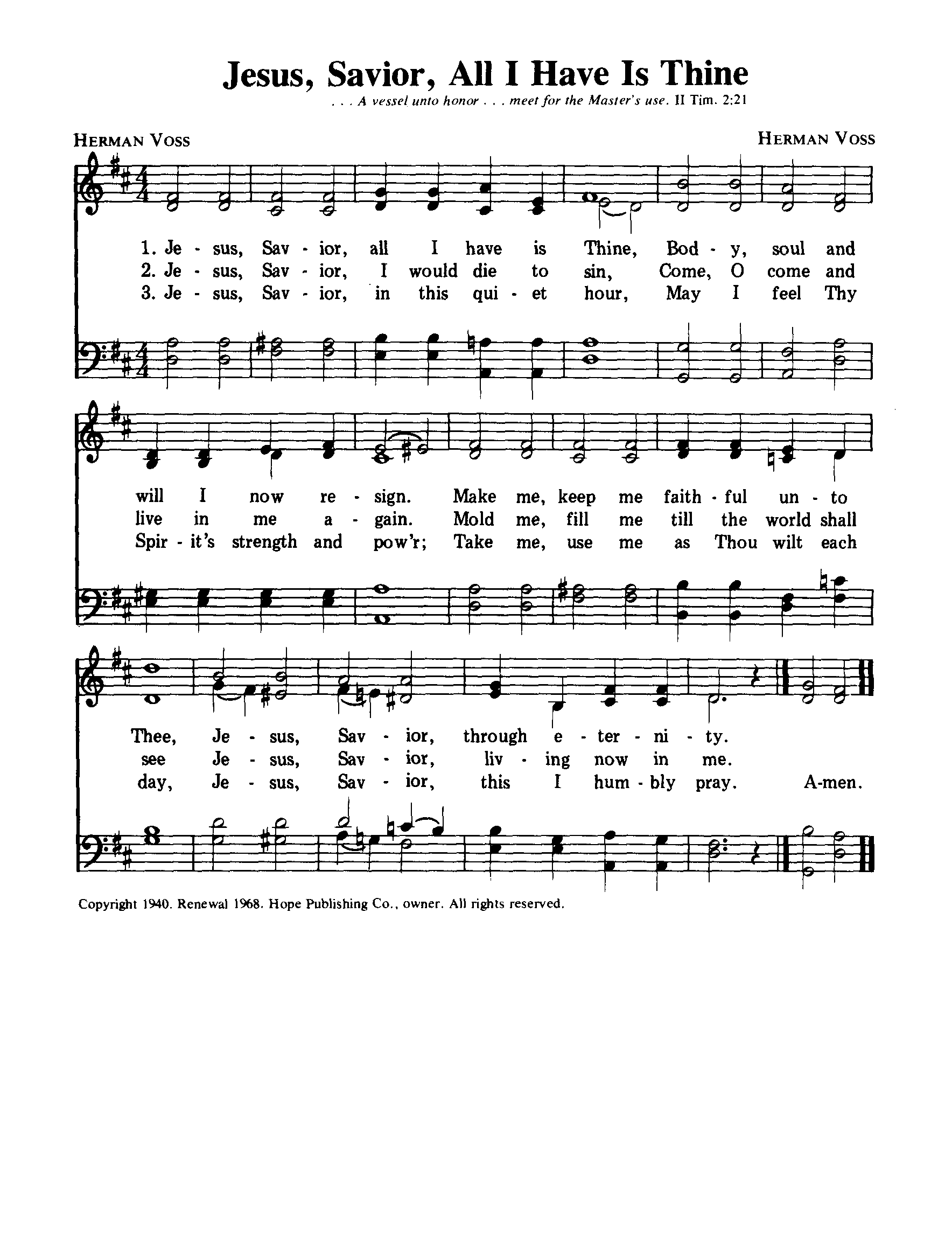 Hymn Sheet for Jesus, Savior, All I Have Is Thine