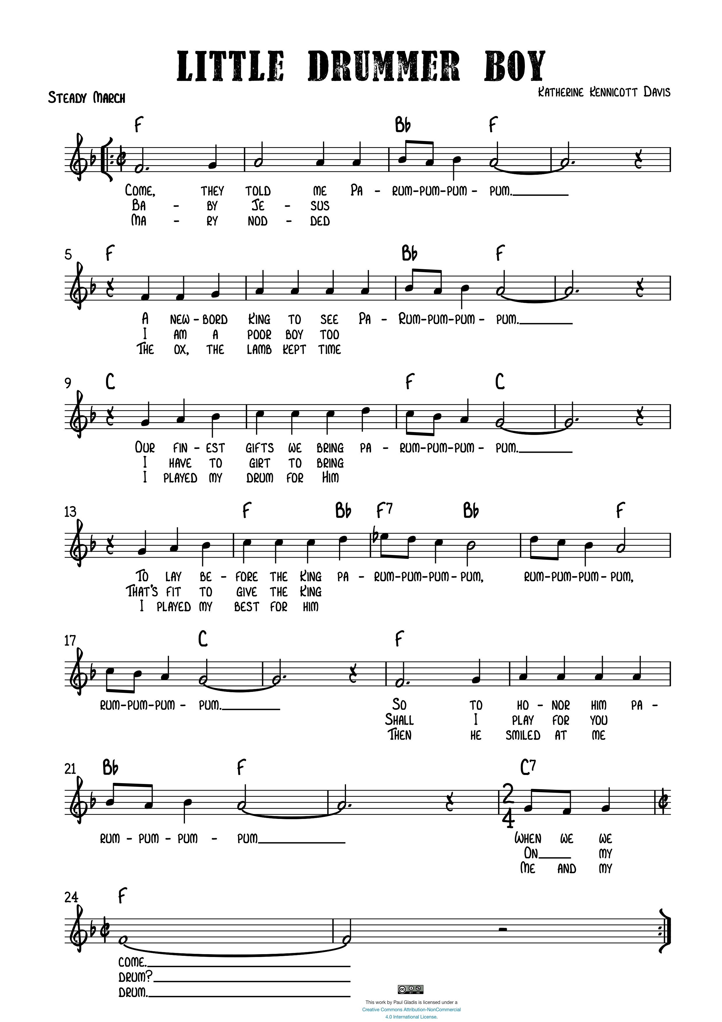Hymn Sheet for The Little Drummer Boy