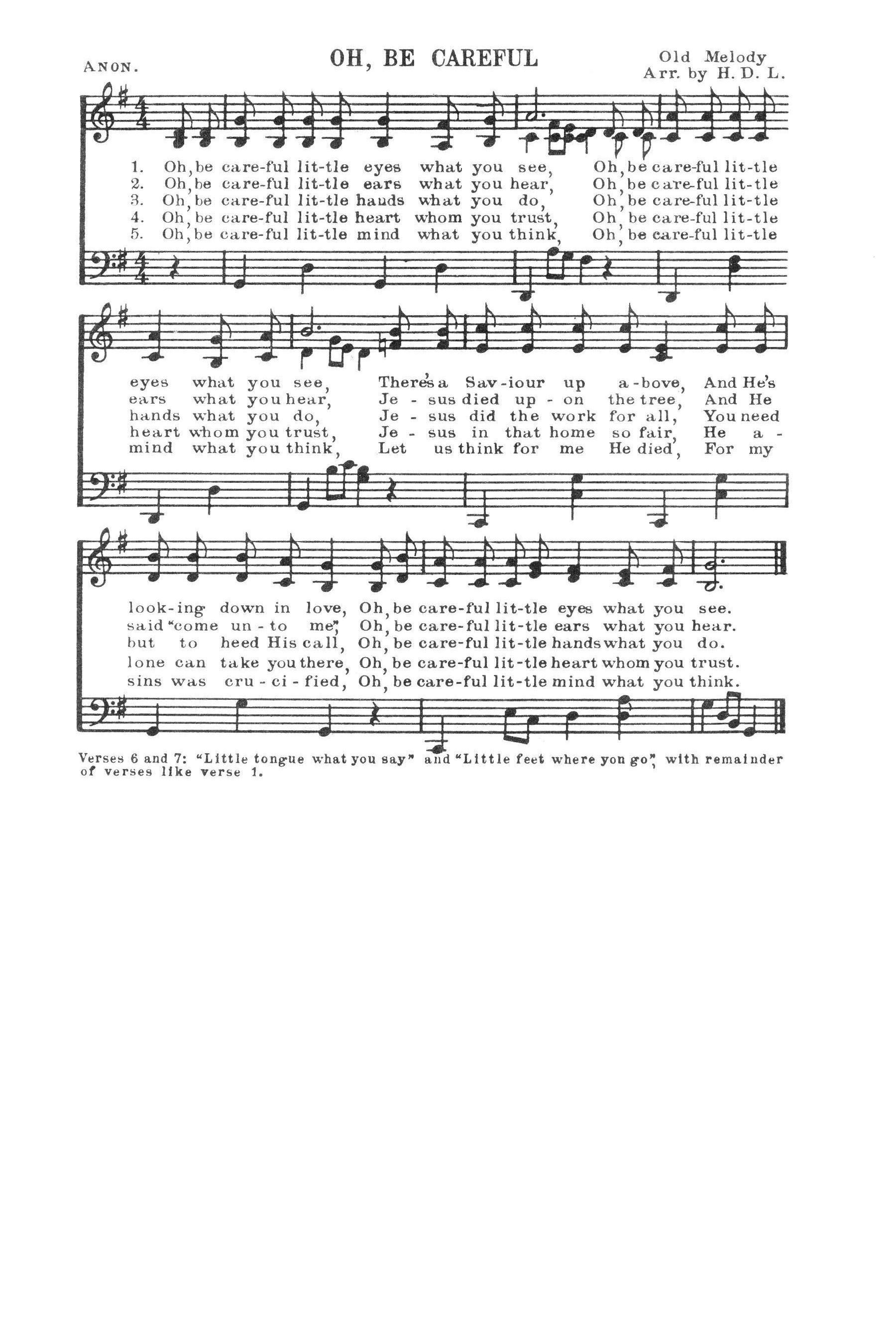 Hymn Sheet for O Be Careful, Little Eyes, What You See