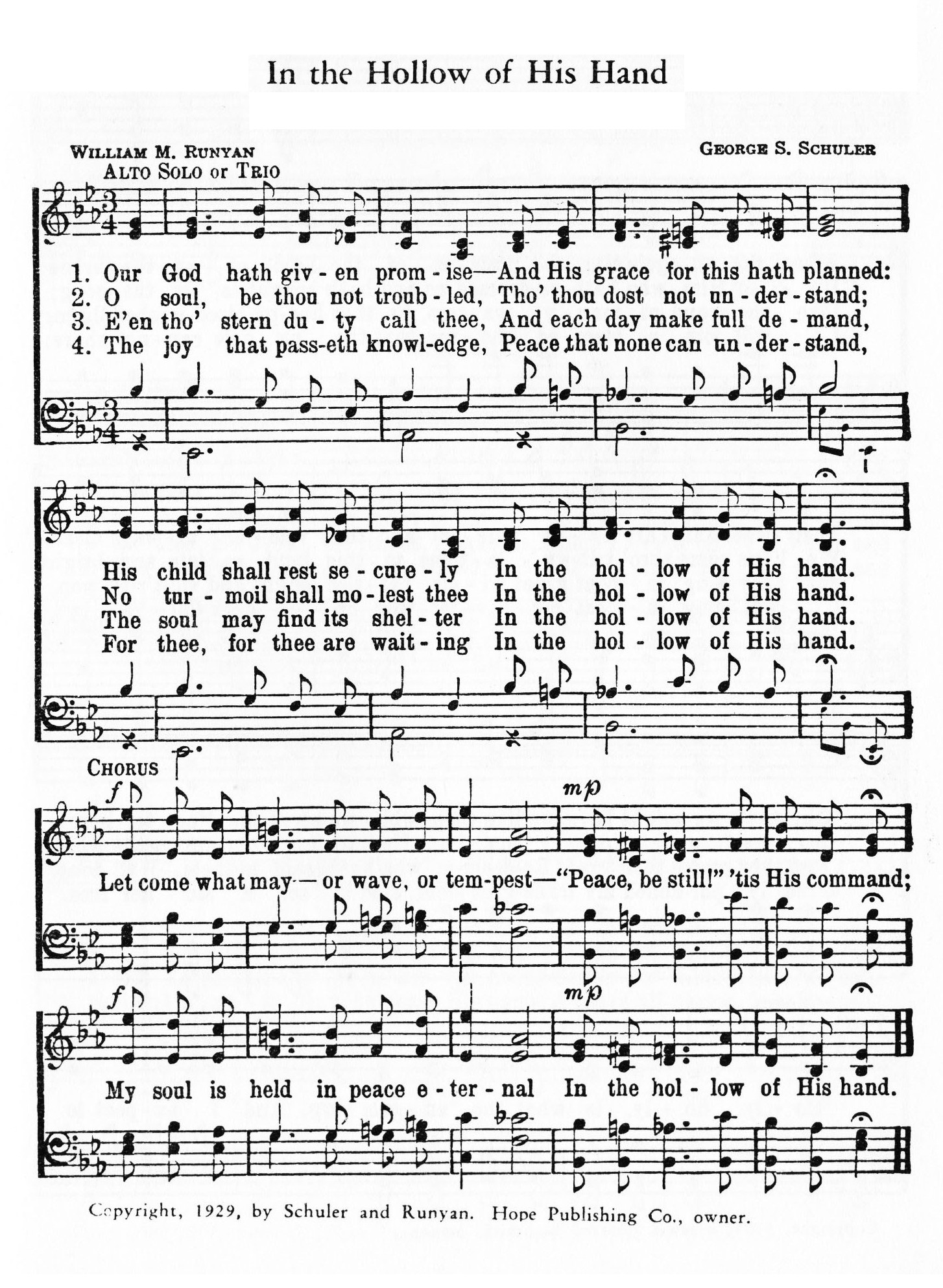 Hymn Sheet for In the Hollow of His Hand