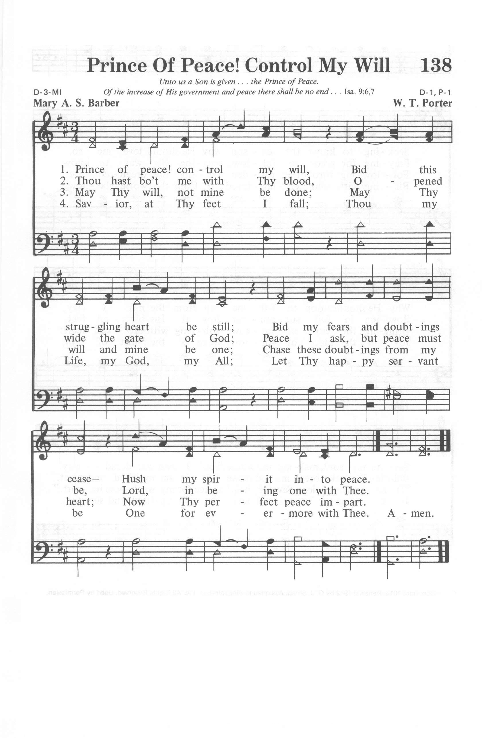 Hymn Sheet for Prince of Peace, Control My Will
