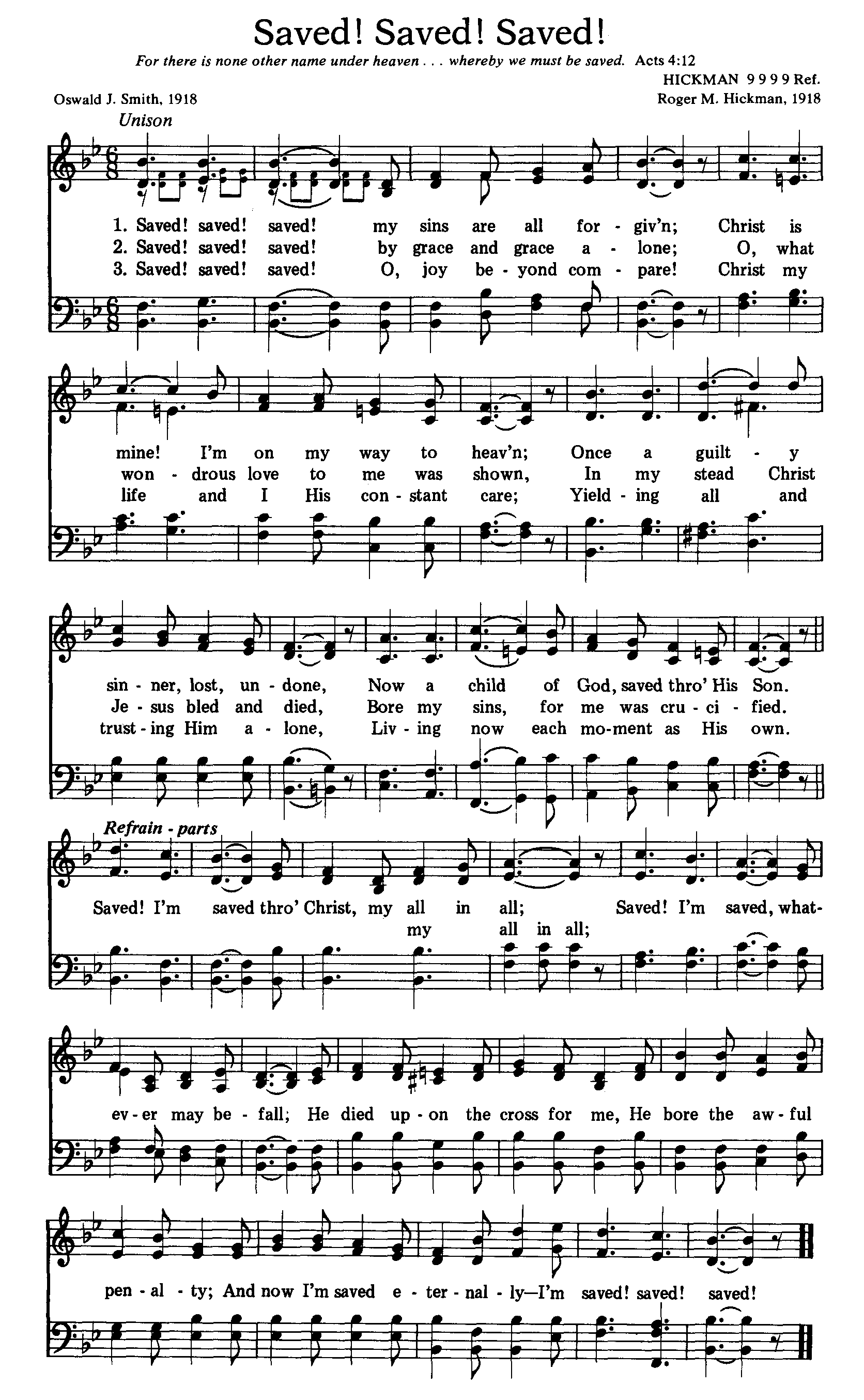 Hymn Sheet for Saved! Saved! Saved! My Sins Are All Forgiv'n