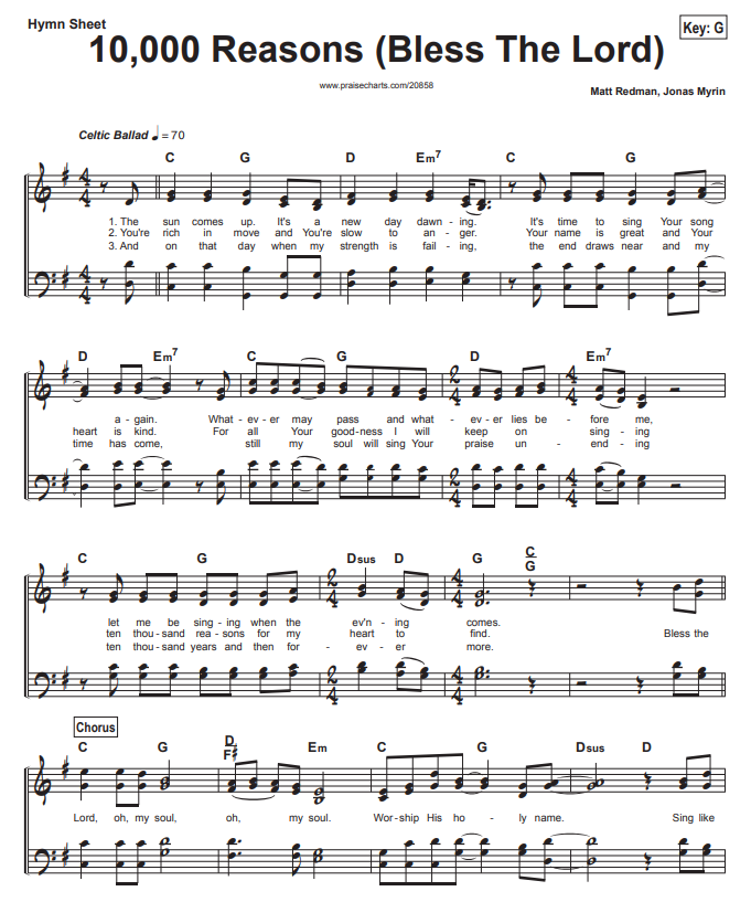 Hymn Sheet for 10,000 Reasons (Bless the Lord)