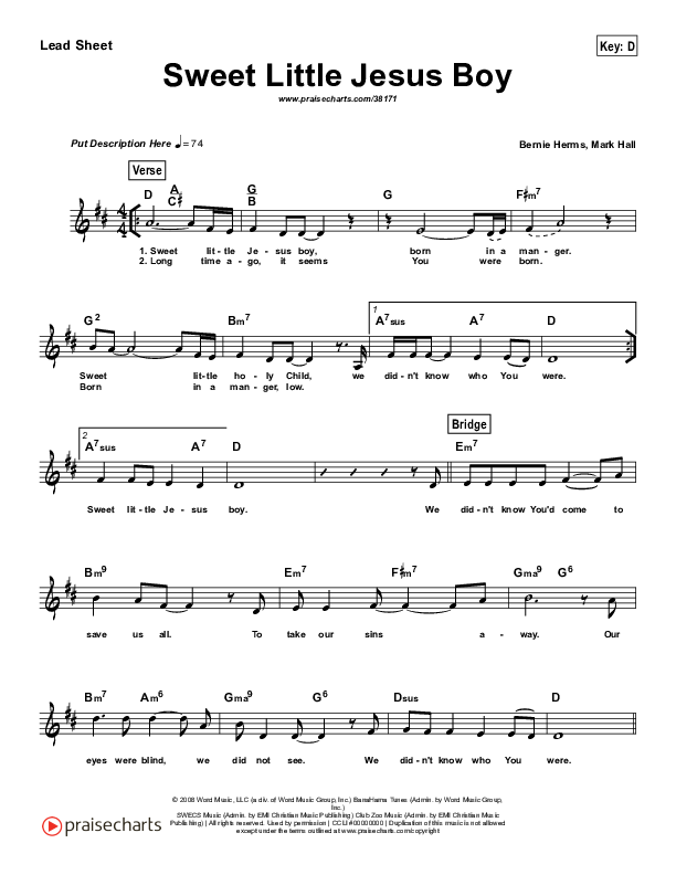 Hymn Sheet for Sweet Little Jesus Boy