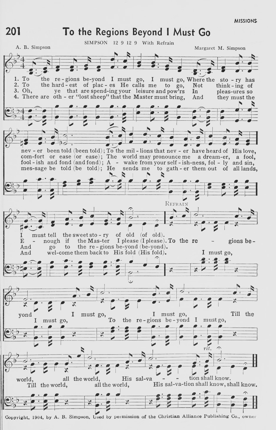 Hymn Sheet for To The Regions Beyond I Must Go