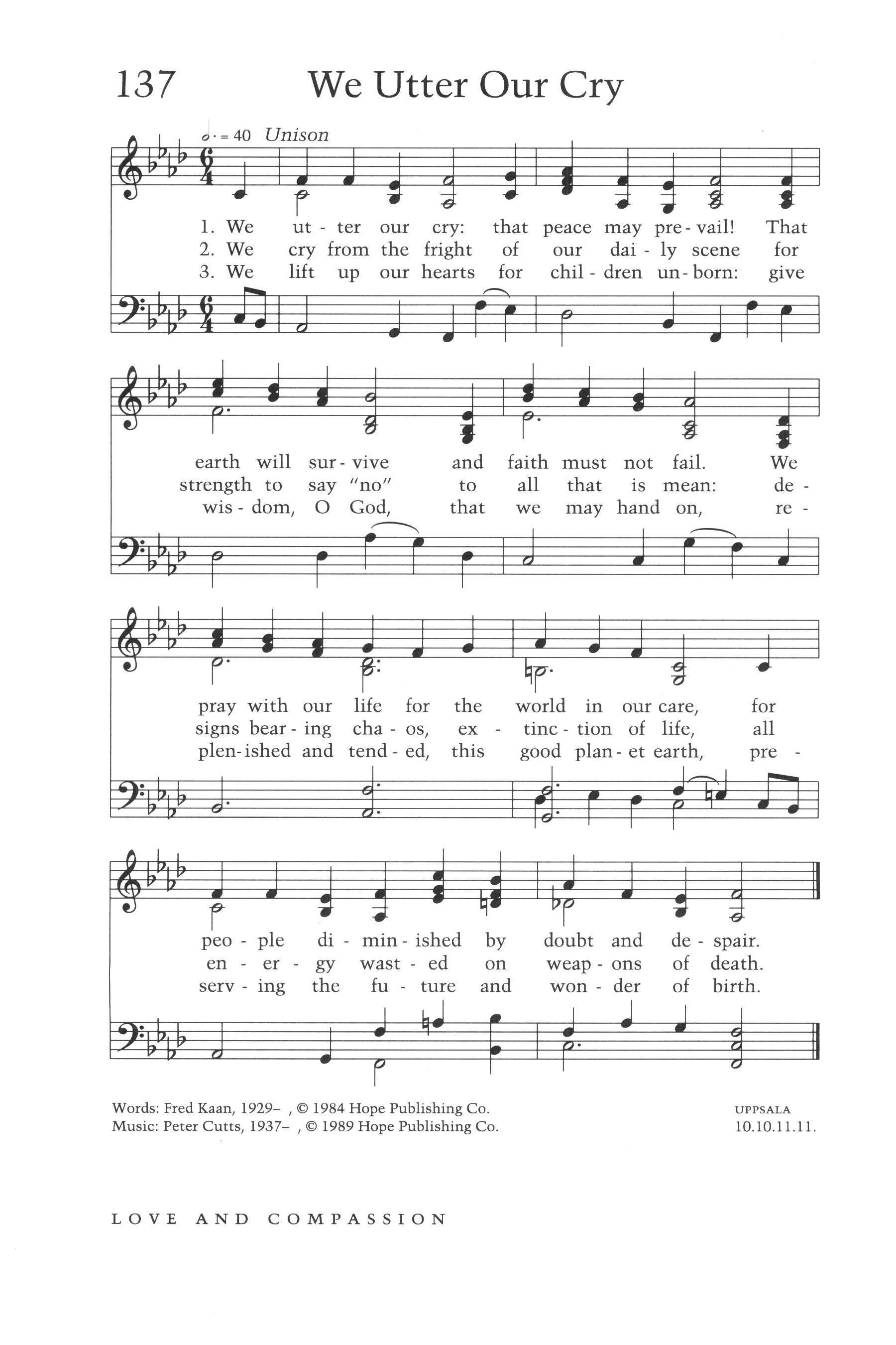 Hymn Sheet for We Utter Our Cry
