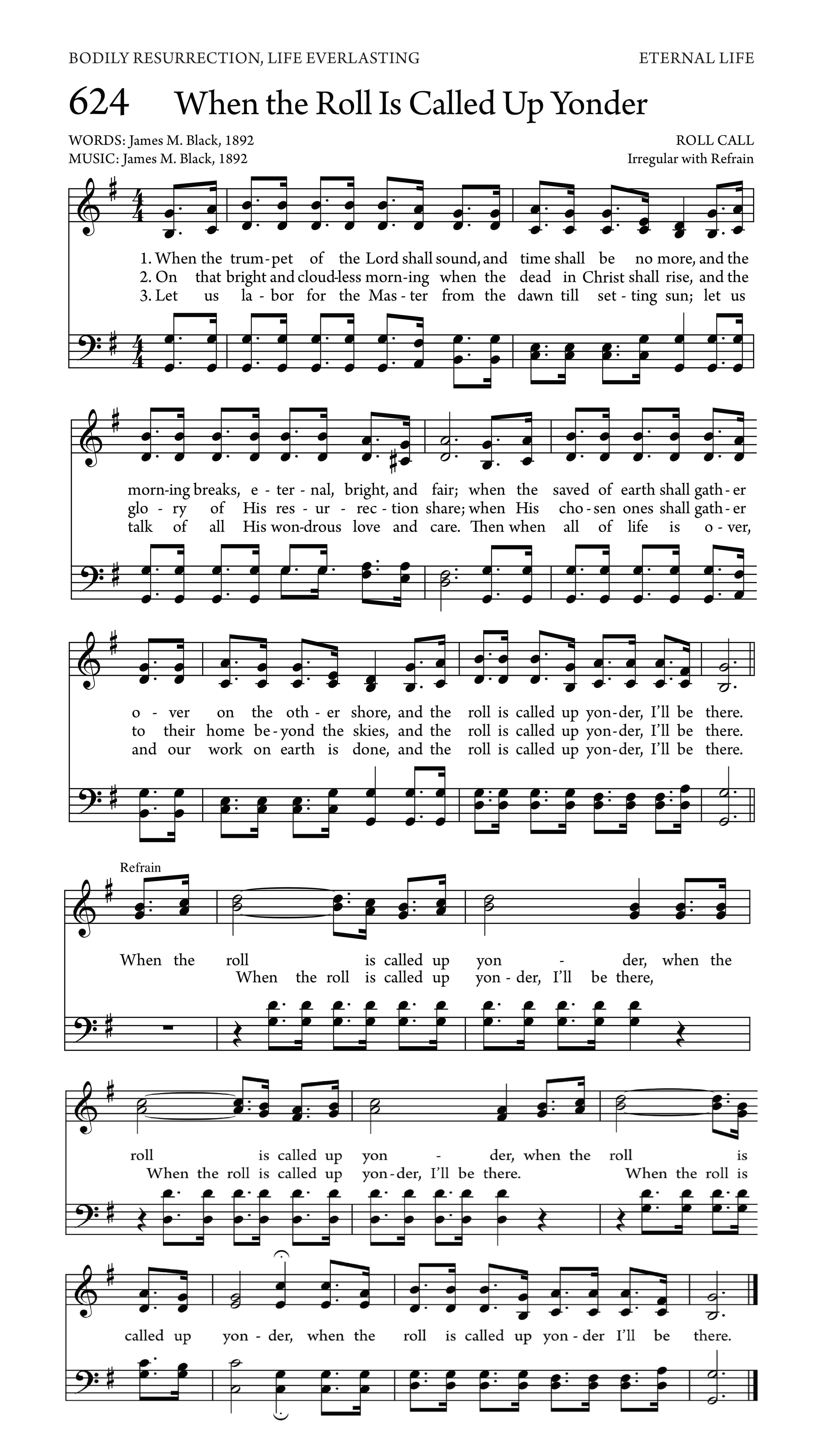 Hymn Sheet for When the Roll Is Called Up Yonder