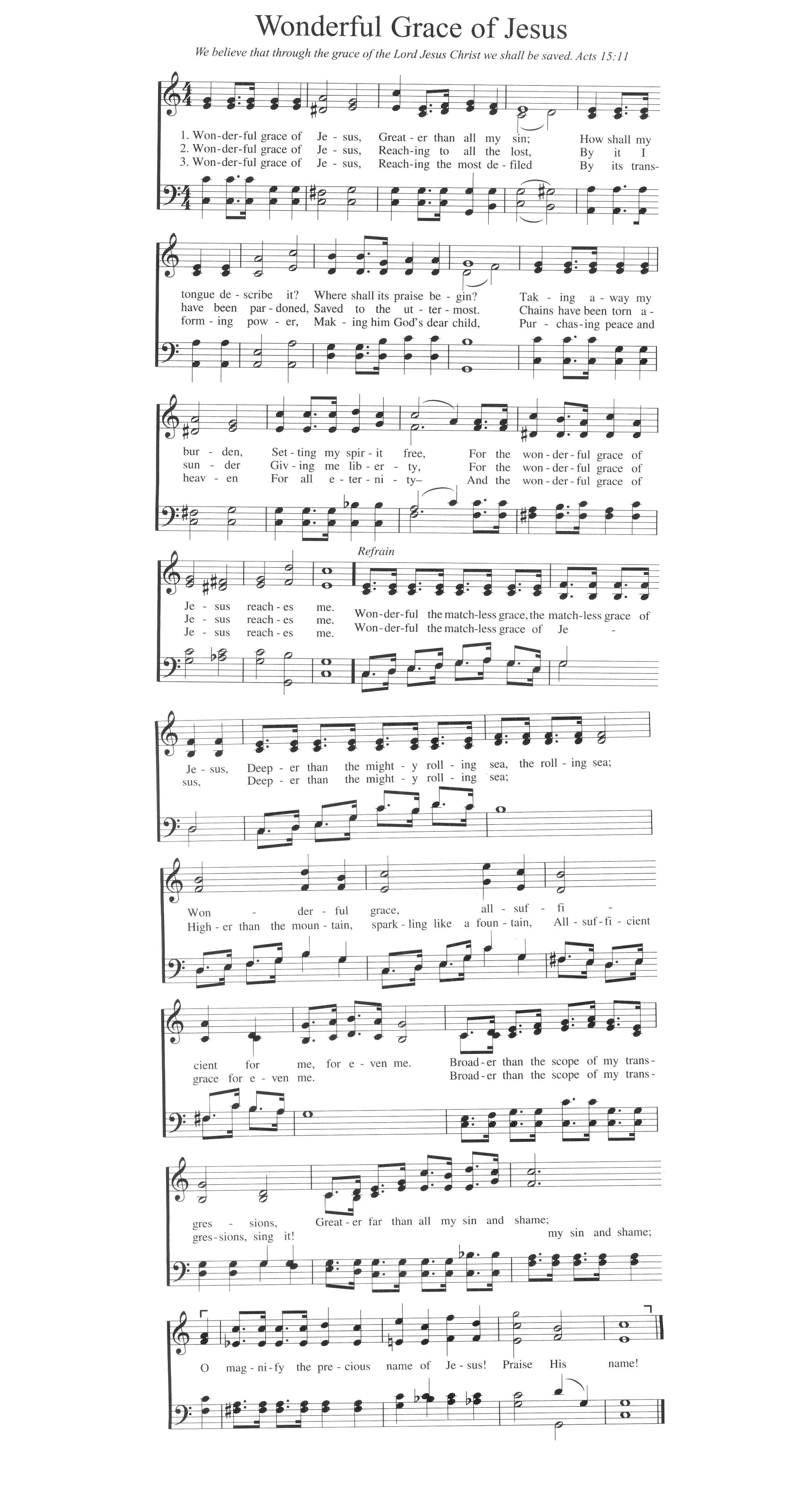 Hymn Sheet for Wonderful Grace Of Jesus