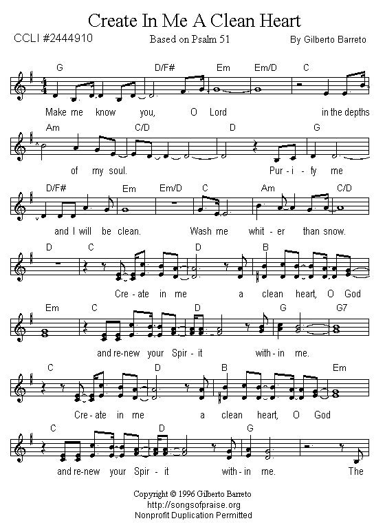 Hymn Sheet for Create In Me A Clean Heart, O God